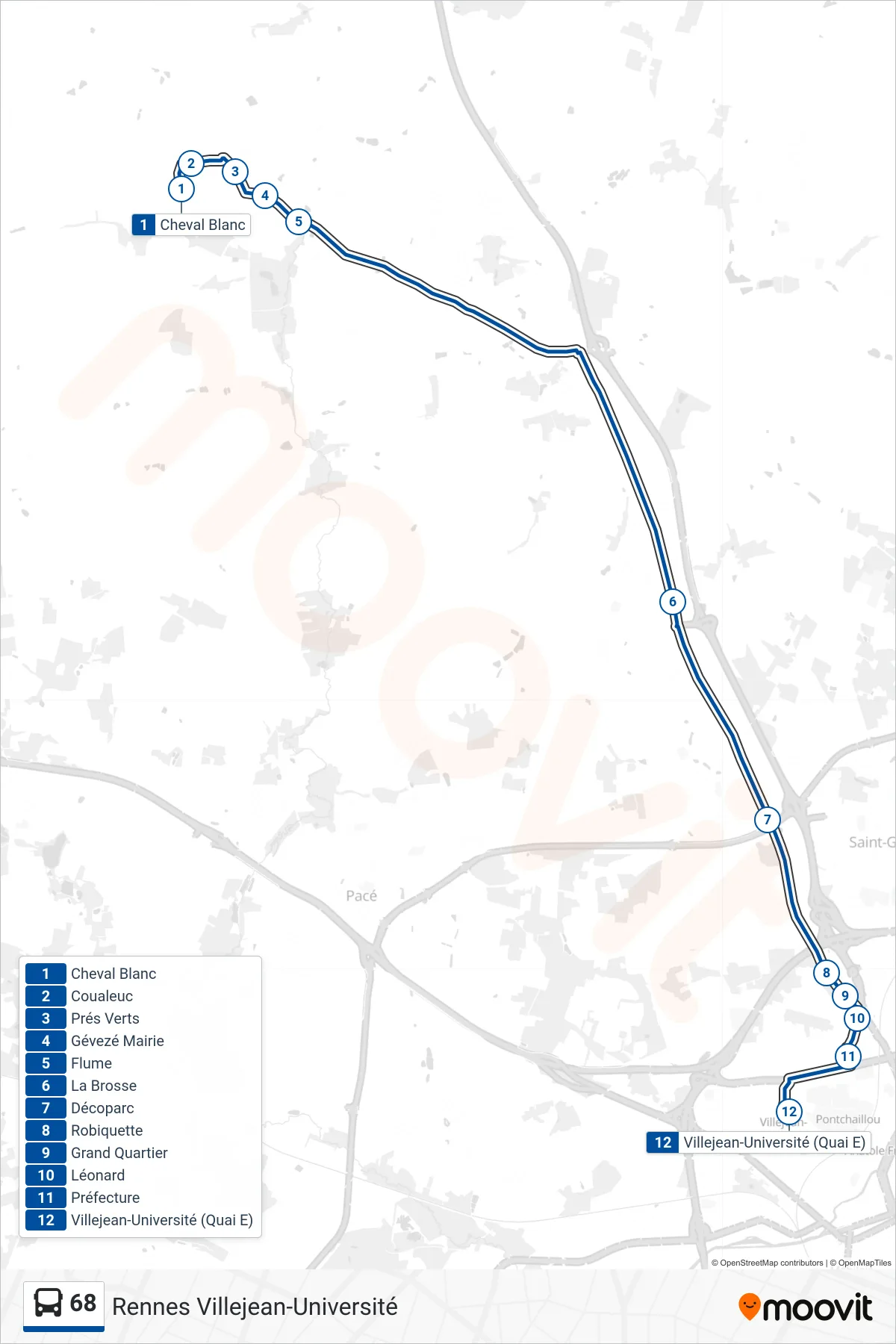Tracé et arrêts de la ligne 68 de bus (Rennes Villejean-Université) sur une carte