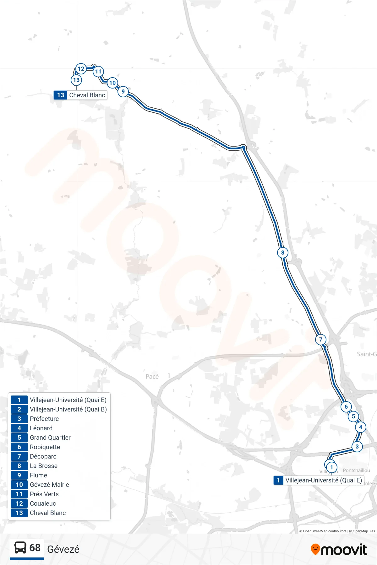 Tracé et arrêts de la ligne 68 de bus (Gévezé) sur une carte