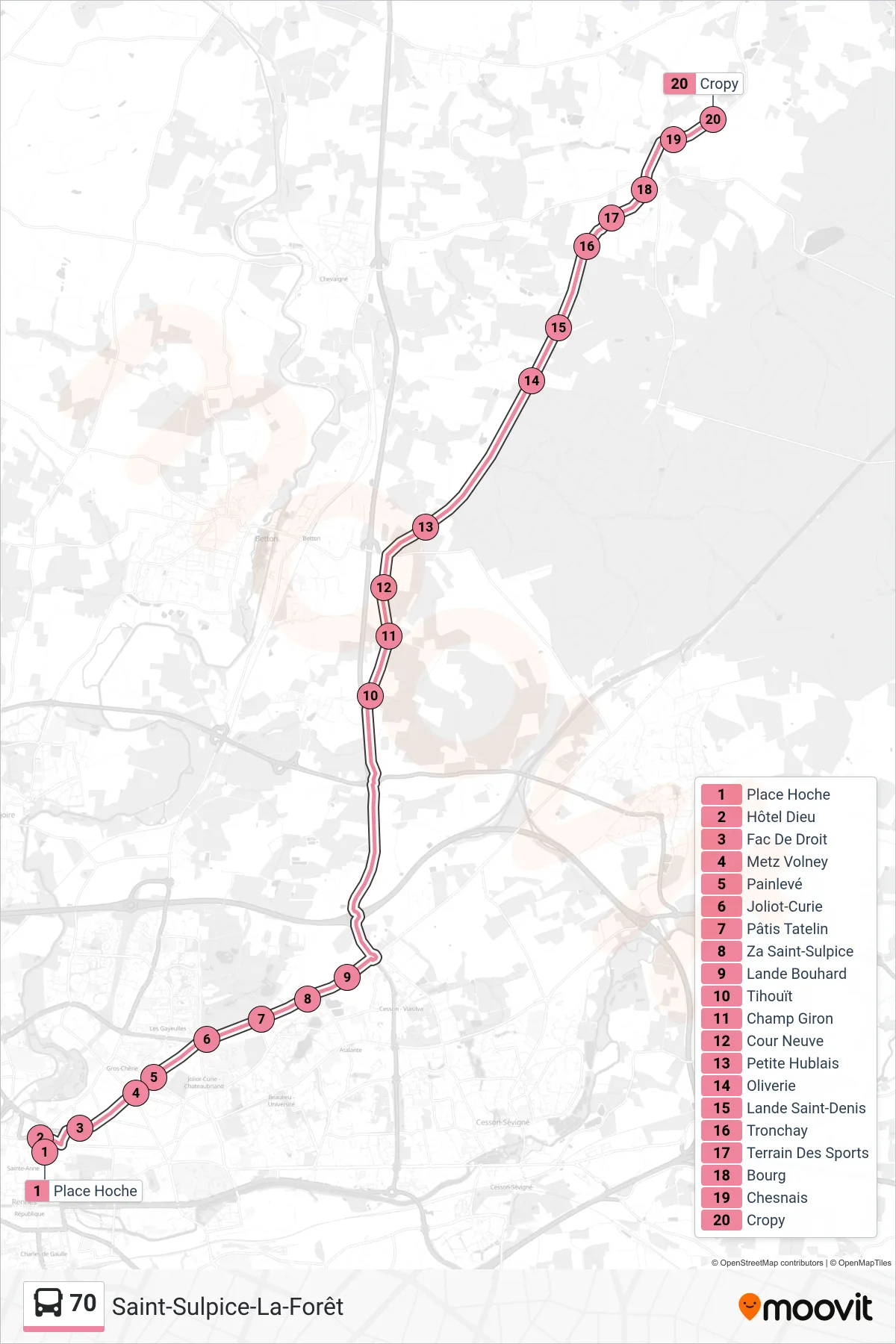 Tracé et arrêts de la ligne 70 de bus (Saint-Sulpice-La-Forêt) sur une carte