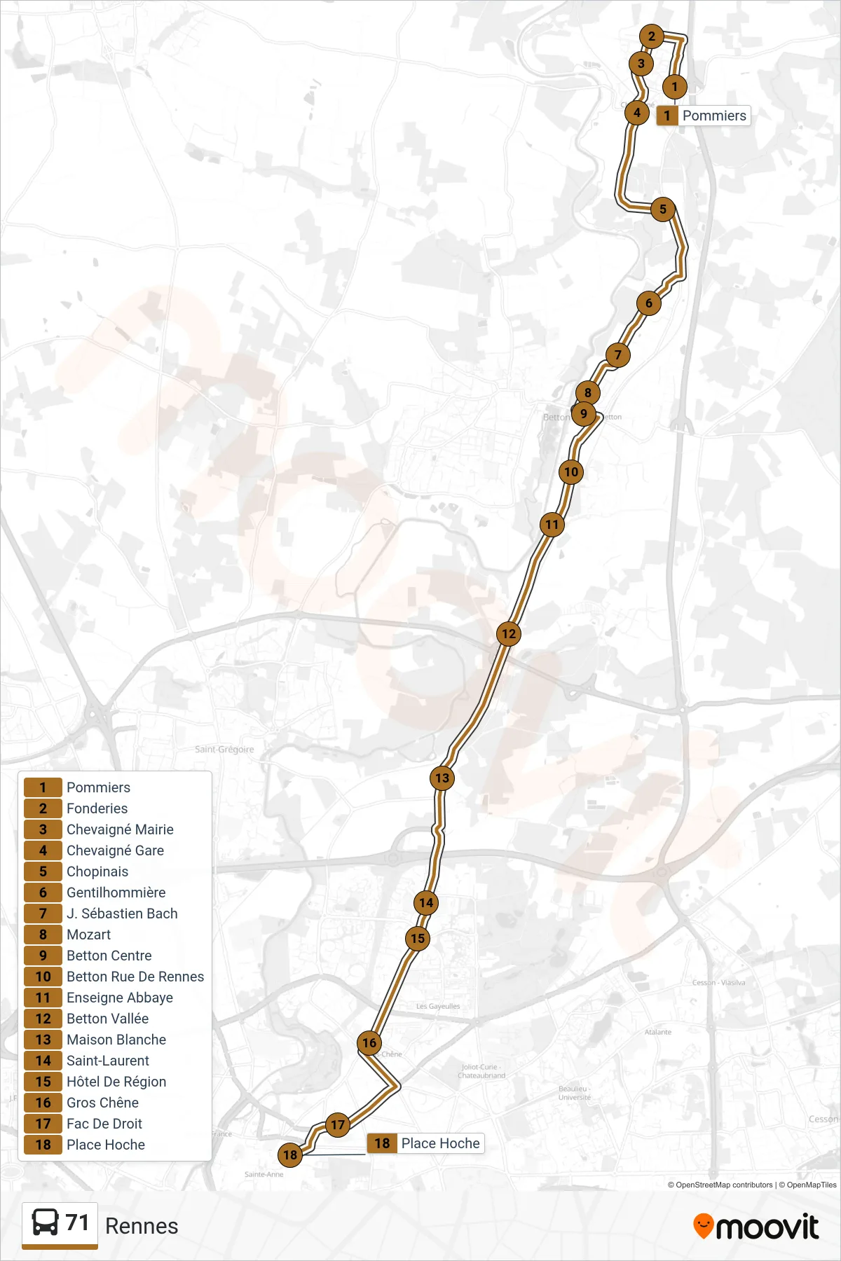 Tracé et arrêts de la ligne 71 de bus (Rennes) sur une carte