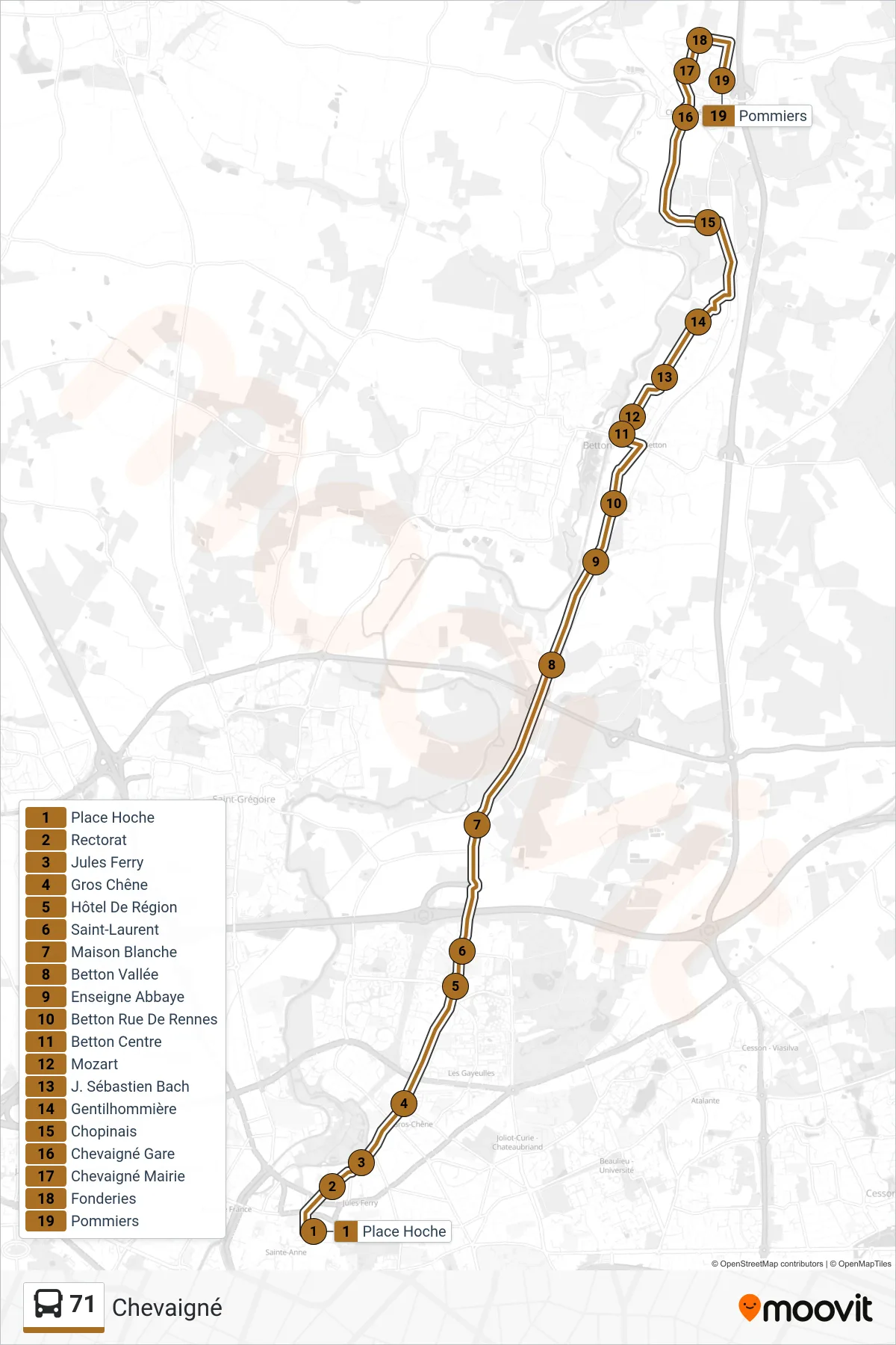 Tracé et arrêts de la ligne 71 de bus (Chevaigné) sur une carte