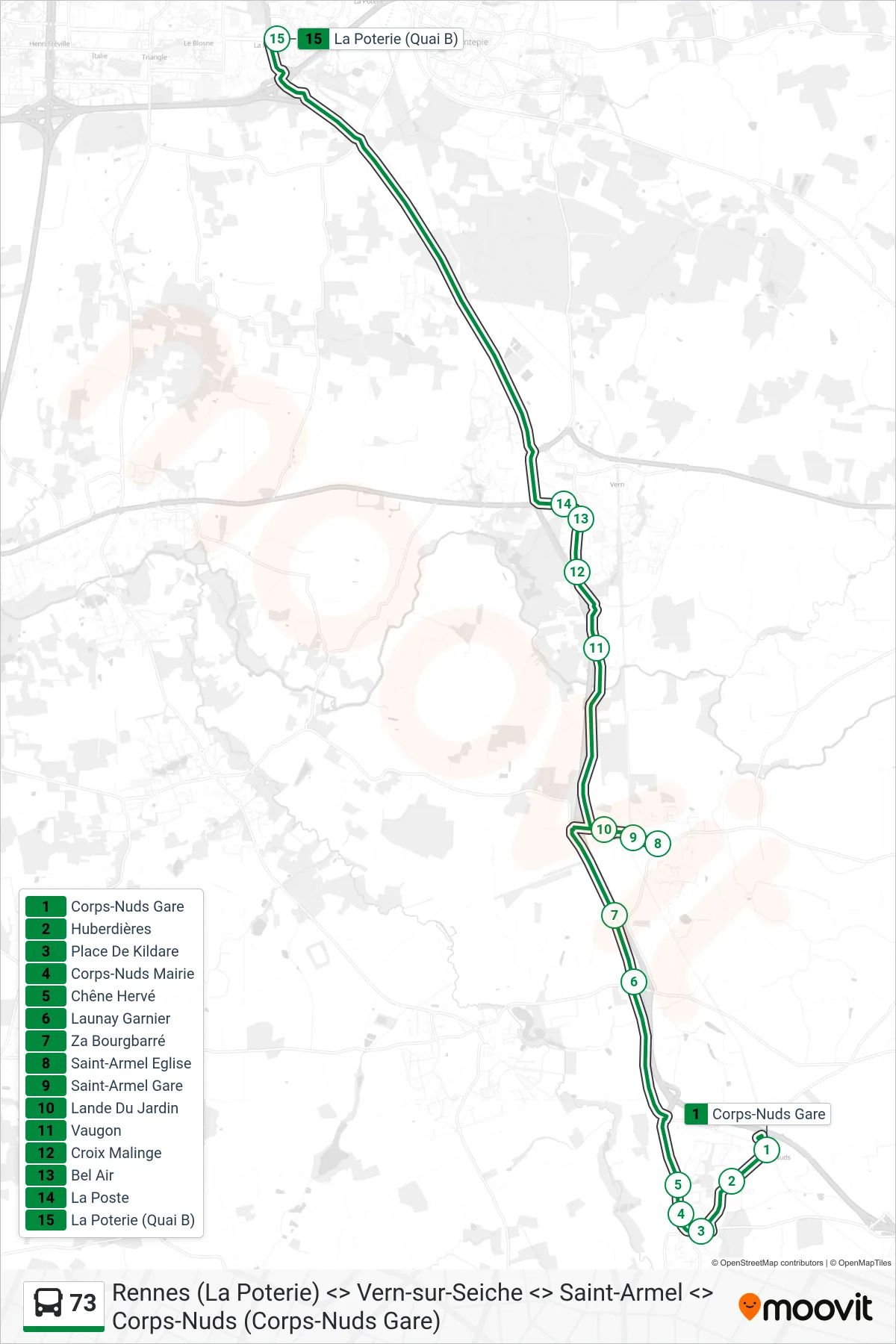 Tracé et arrêts de la ligne 73 de bus (Rennes La Poterie) sur une carte