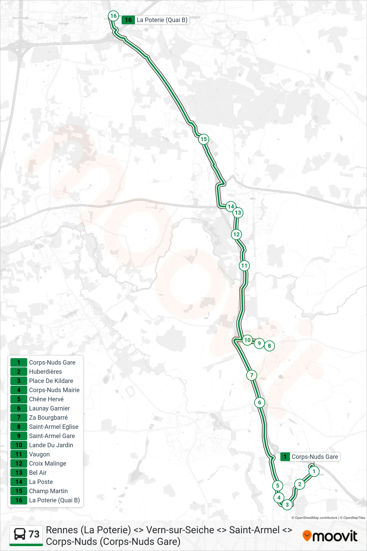 Tracé et arrêts de la ligne 73 de bus (Rennes La Poterie Via Champ Martin) sur une carte