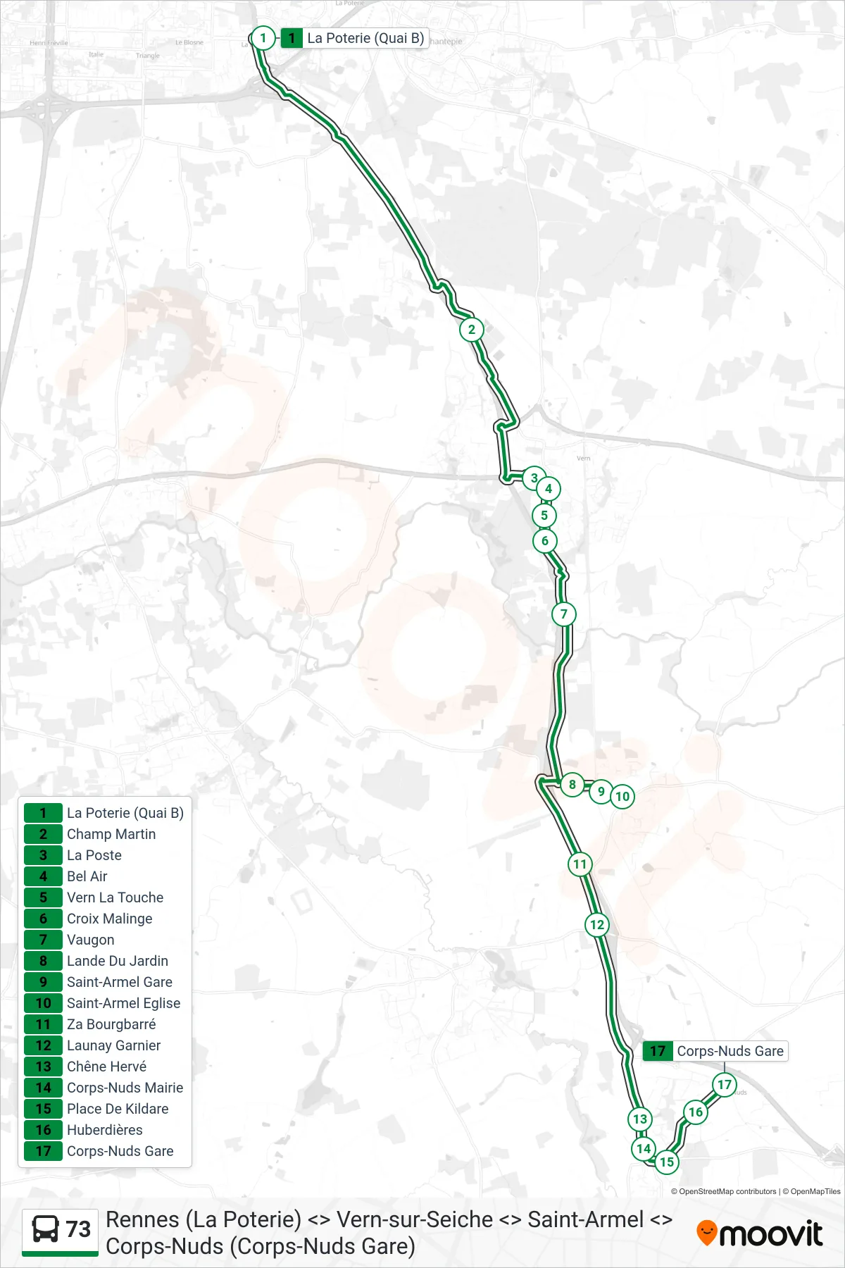 Tracé et arrêts de la ligne 73 de bus (Saint-Armel Corps-Nuds. Via Champ Martin) sur une carte