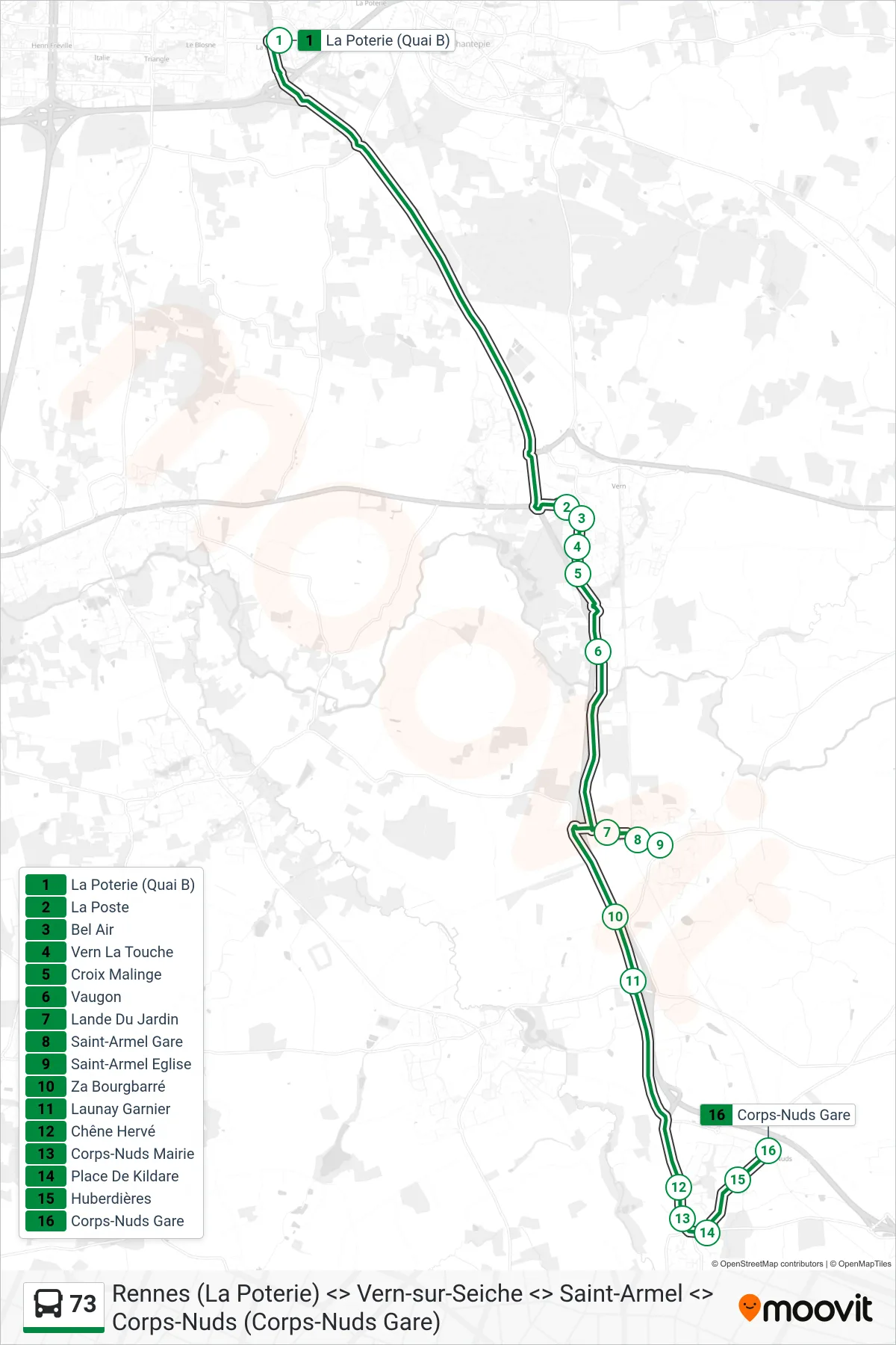 Tracé et arrêts de la ligne 73 de bus (Saint-Armel - Corps-Nuds) sur une carte