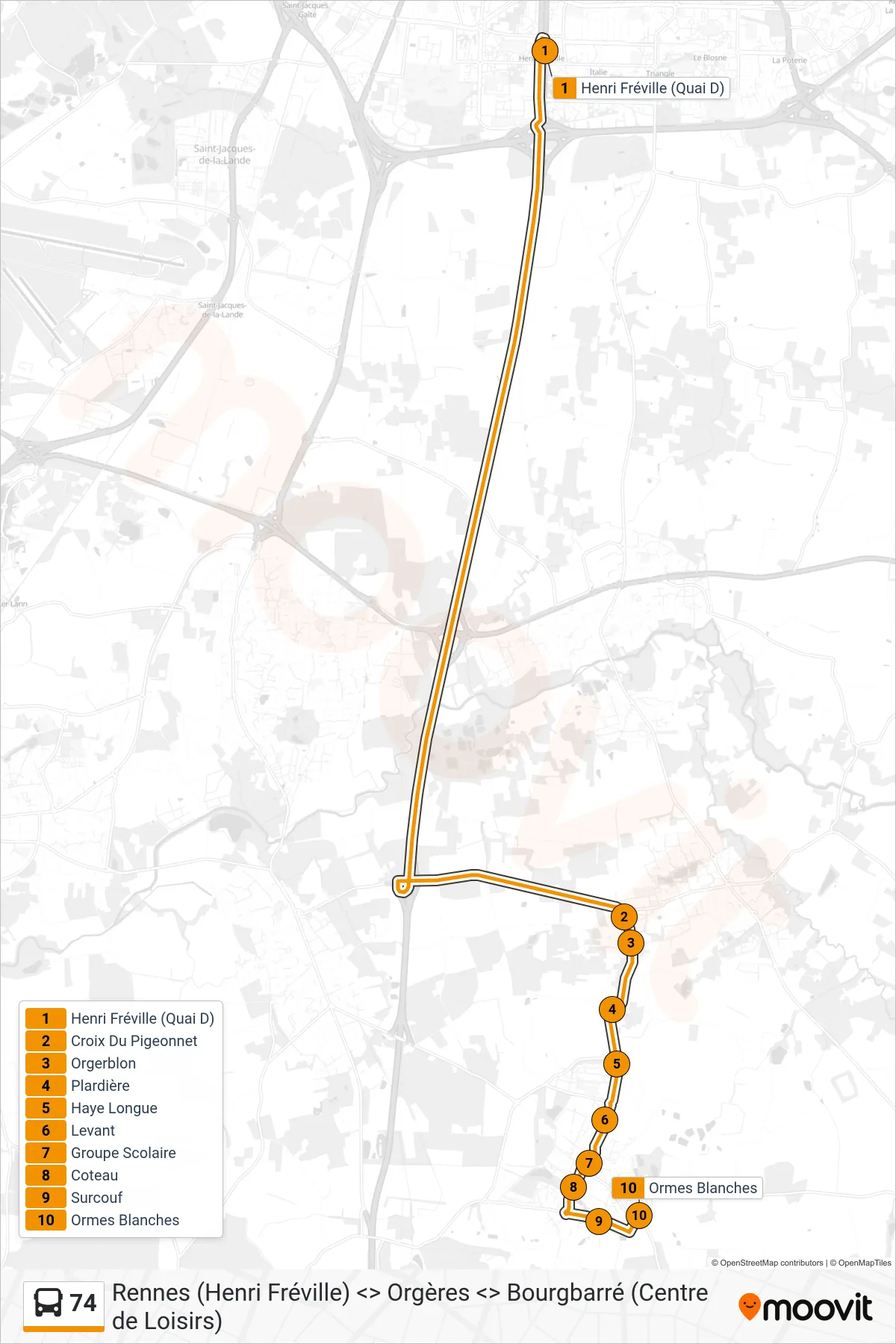 Tracé et arrêts de la ligne 74 de bus (Orgères) sur une carte