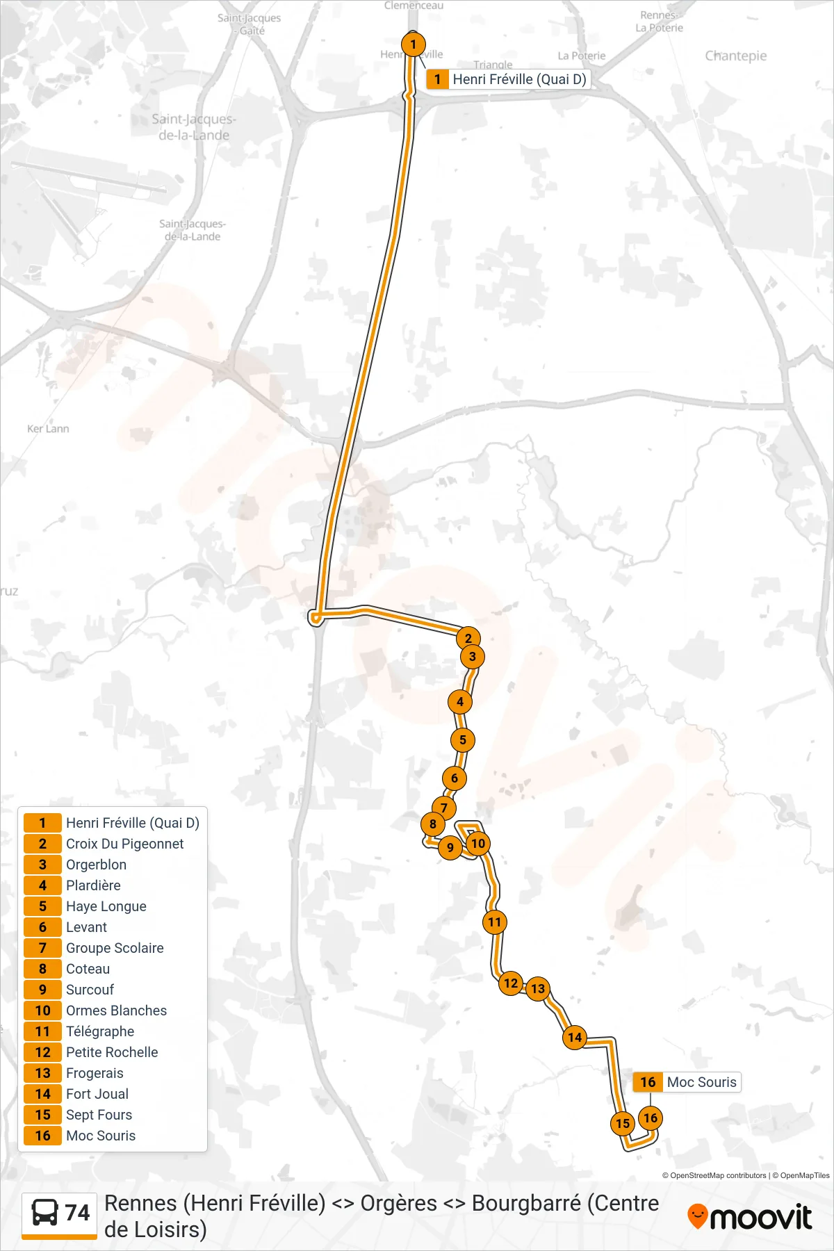 Tracé et arrêts de la ligne 74 de bus (Orgères Moc Souris) sur une carte