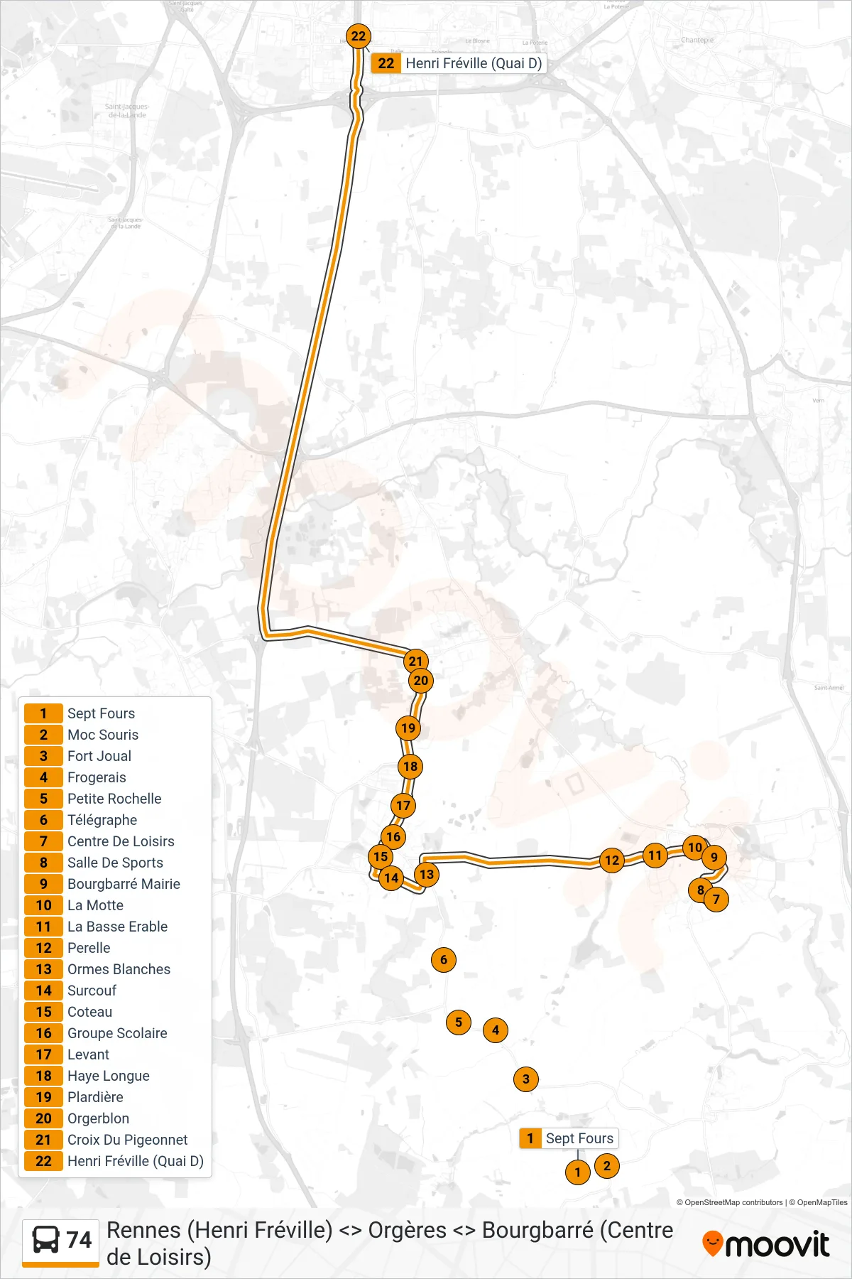 Tracé et arrêts de la ligne 74 de bus (Rennes Henri Fréville) sur une carte