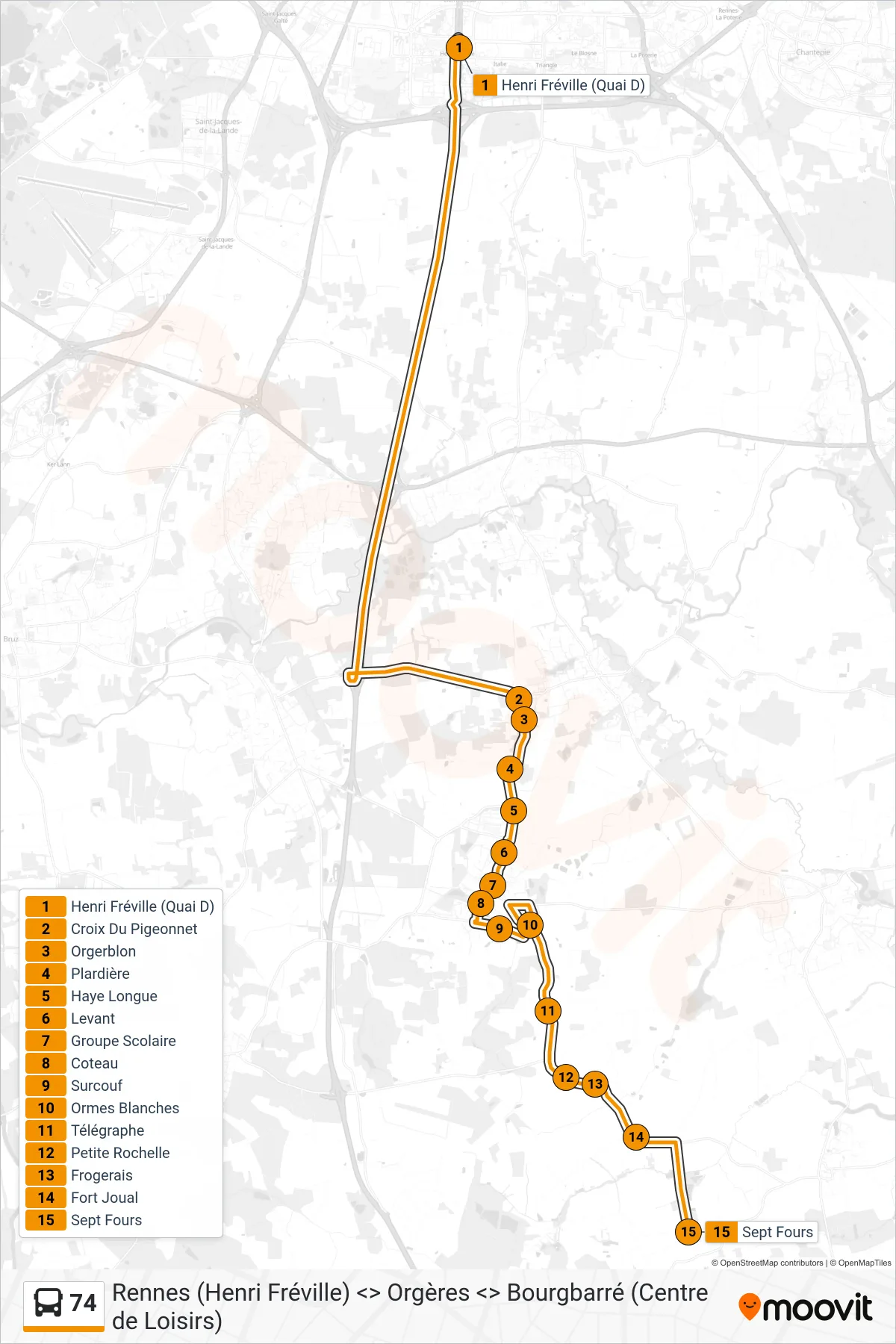 Tracé et arrêts de la ligne 74 de bus (Bourgbarré Sept Fours) sur une carte