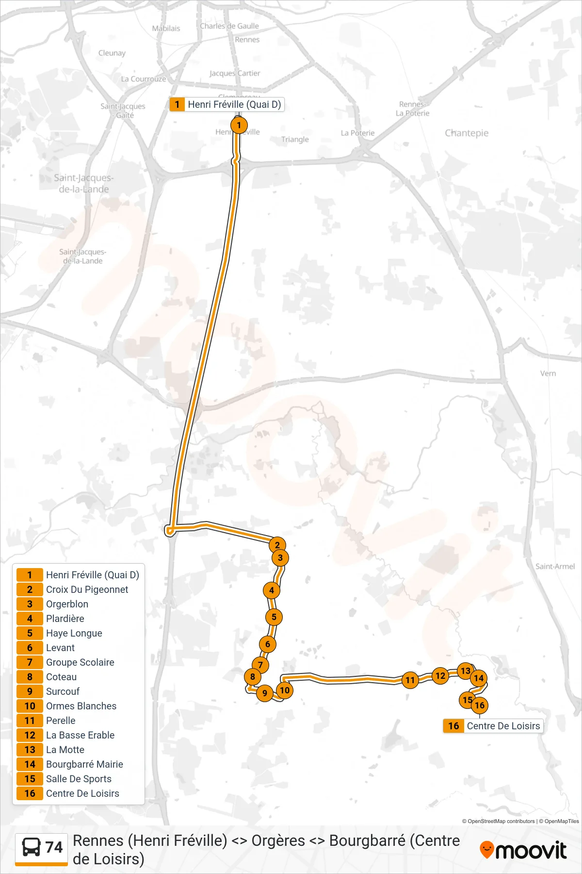 Tracé et arrêts de la ligne 74 de bus (Orgères - Bourgbarré) sur une carte
