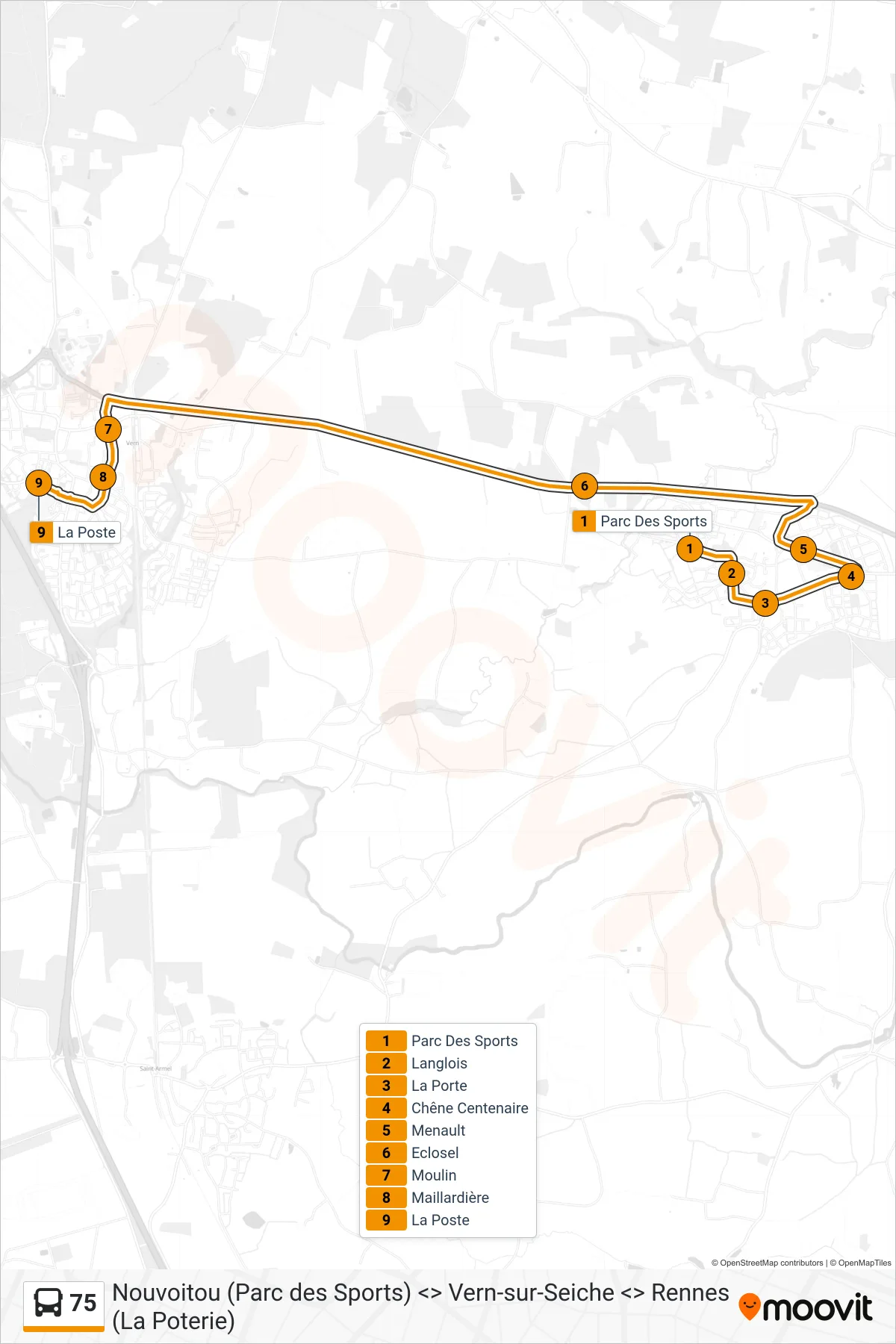 Tracé et arrêts de la ligne 75 de bus (Vern La Poste) sur une carte