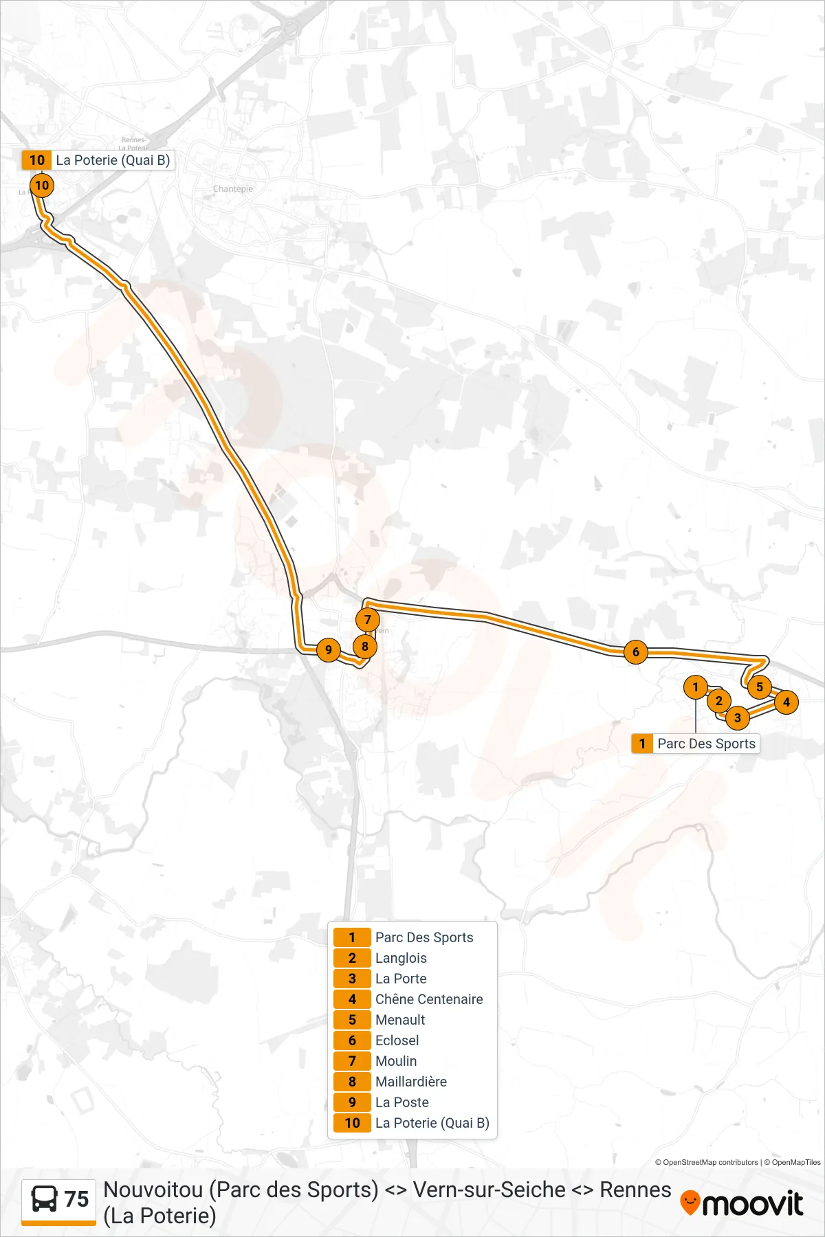 Tracé et arrêts de la ligne 75 de bus (Rennes La Poterie) sur une carte
