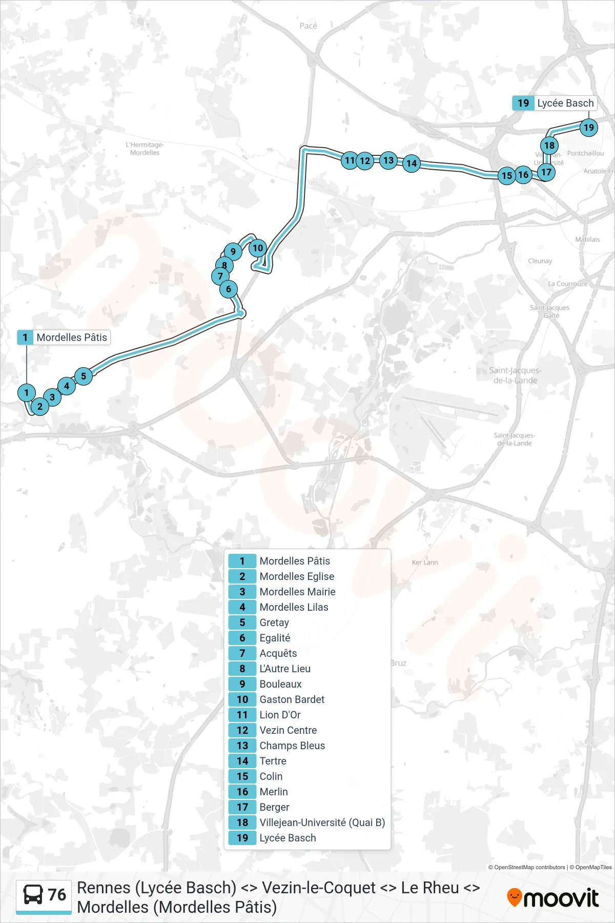Tracé et arrêts de la ligne 76 de bus (Rennes Lycée Basch) sur une carte