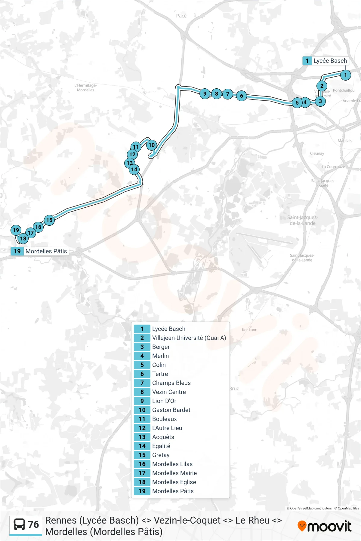 Tracé et arrêts de la ligne 76 de bus (Vezin-Le-Coquet - Le Rheu - Mordelles) sur une carte
