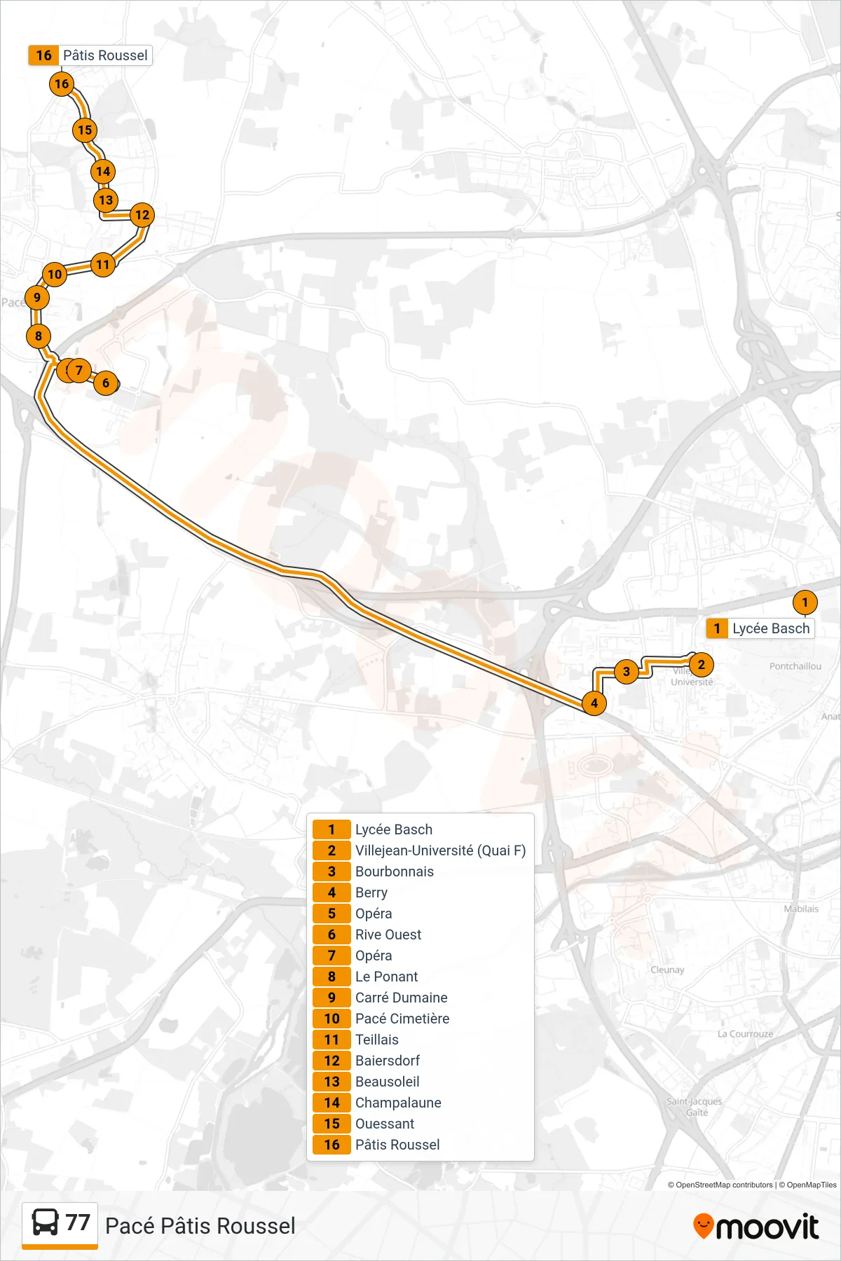 Tracé et arrêts de la ligne 77 de bus (Pacé Pâtis Roussel) sur une carte