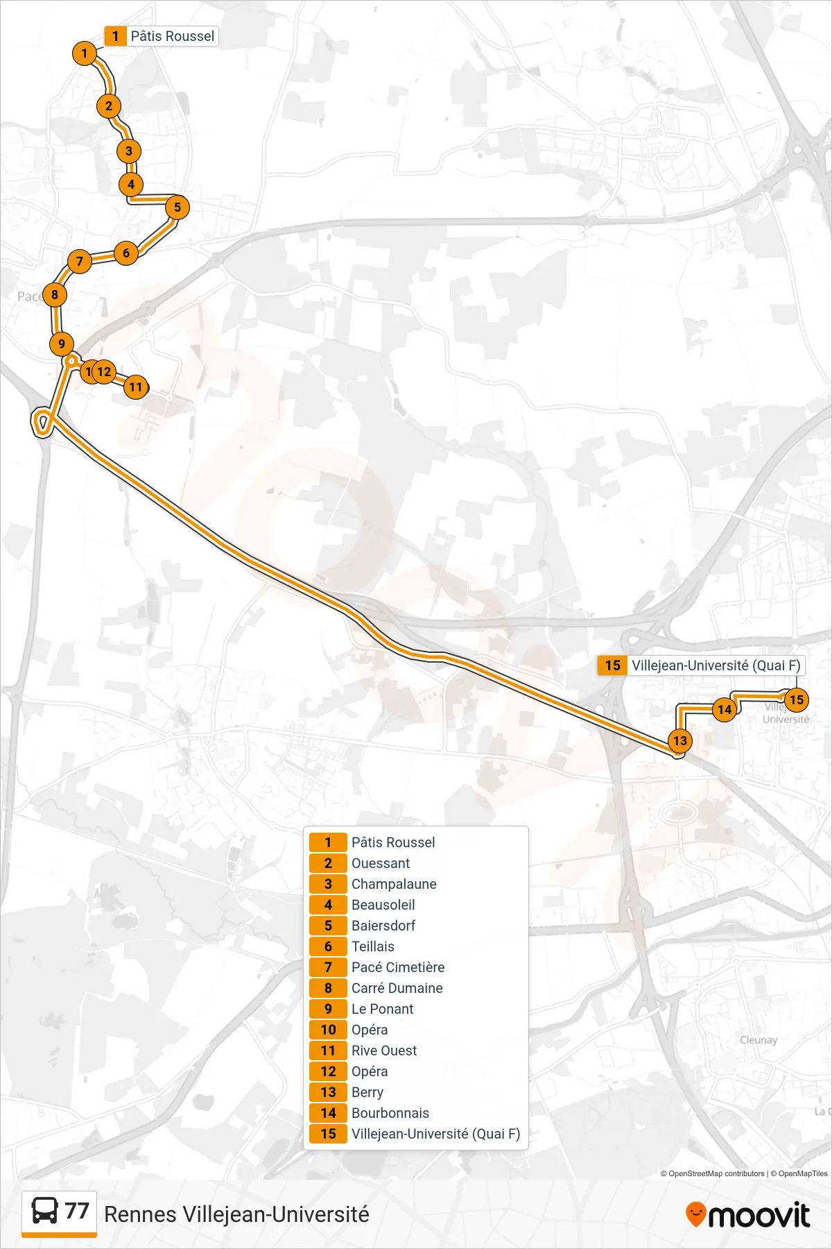 Tracé et arrêts de la ligne 77 de bus (Rennes Villejean-Université) sur une carte