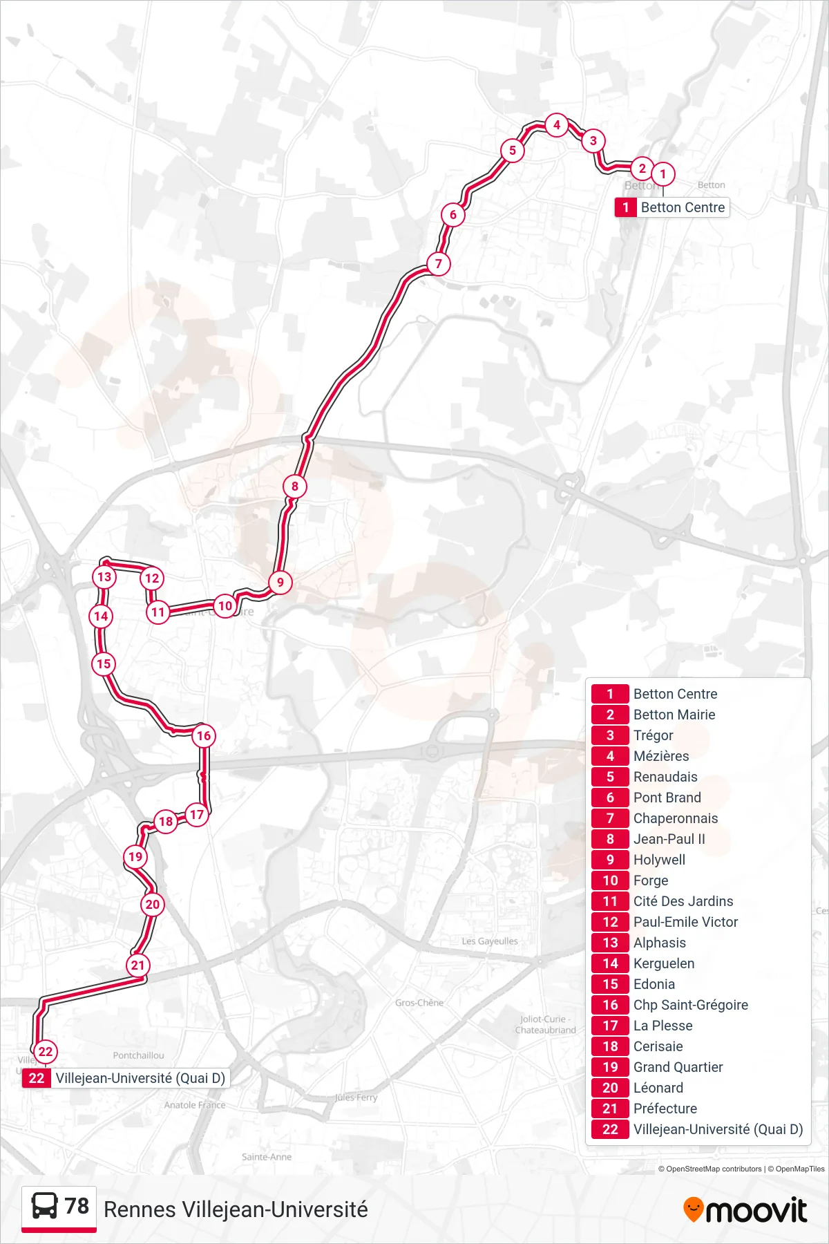 Tracé et arrêts de la ligne 78 de bus (Rennes Villejean-Université) sur une carte