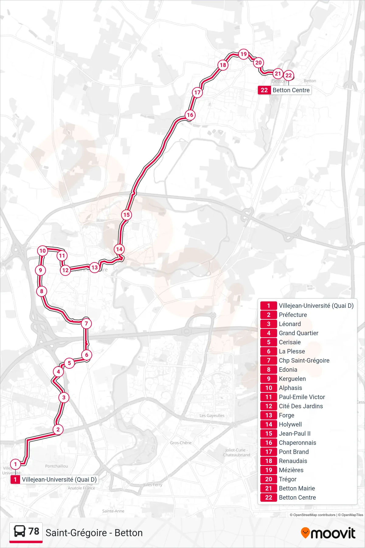 Tracé et arrêts de la ligne 78 de bus (Saint-Grégoire - Betton) sur une carte