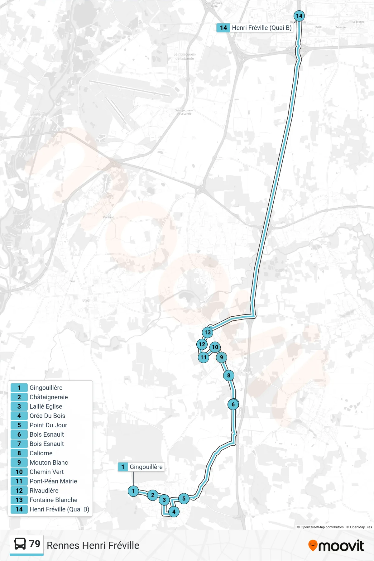 Tracé et arrêts de la ligne 79 de bus (Rennes Henri Fréville) sur une carte