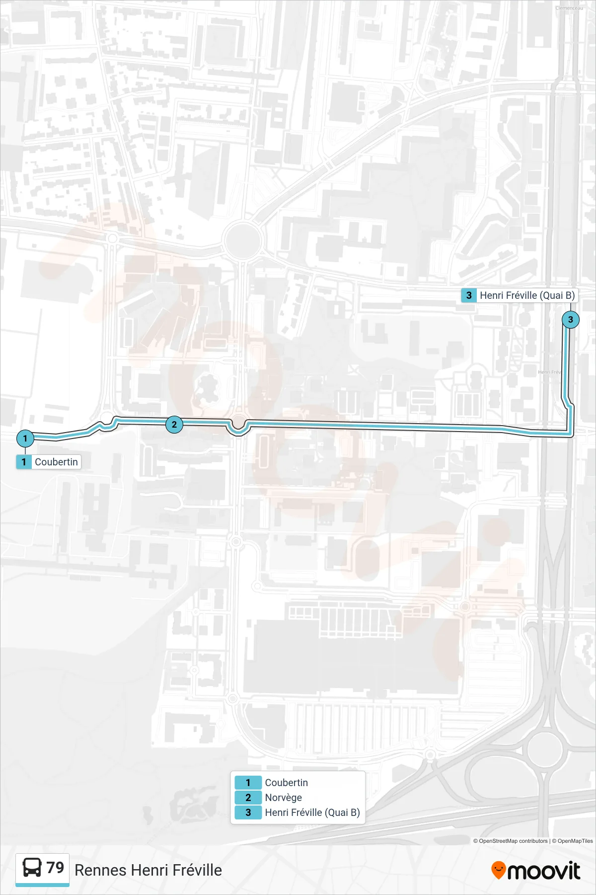 Tracé et arrêts de la ligne 79 de bus (Rennes Henri Fréville) sur une carte