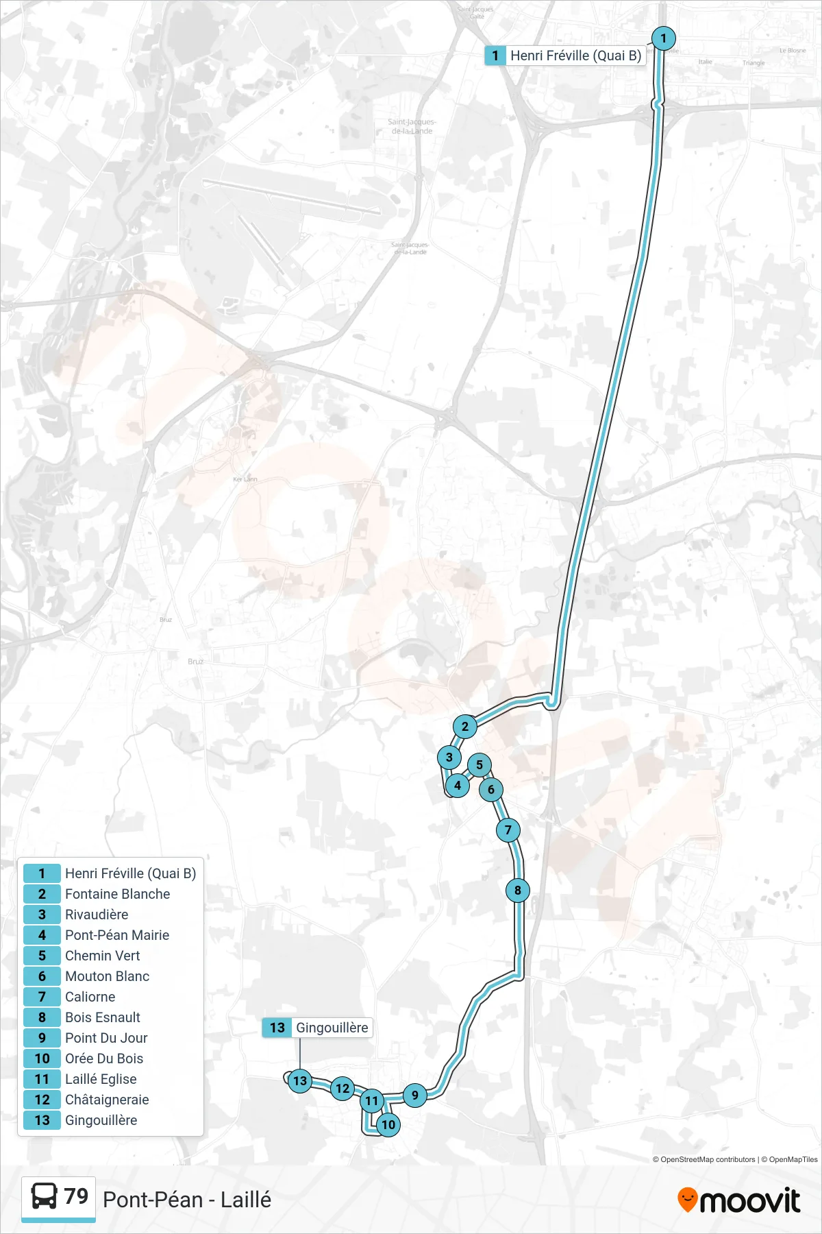 Tracé et arrêts de la ligne 79 de bus (Pont-Péan - Laillé) sur une carte