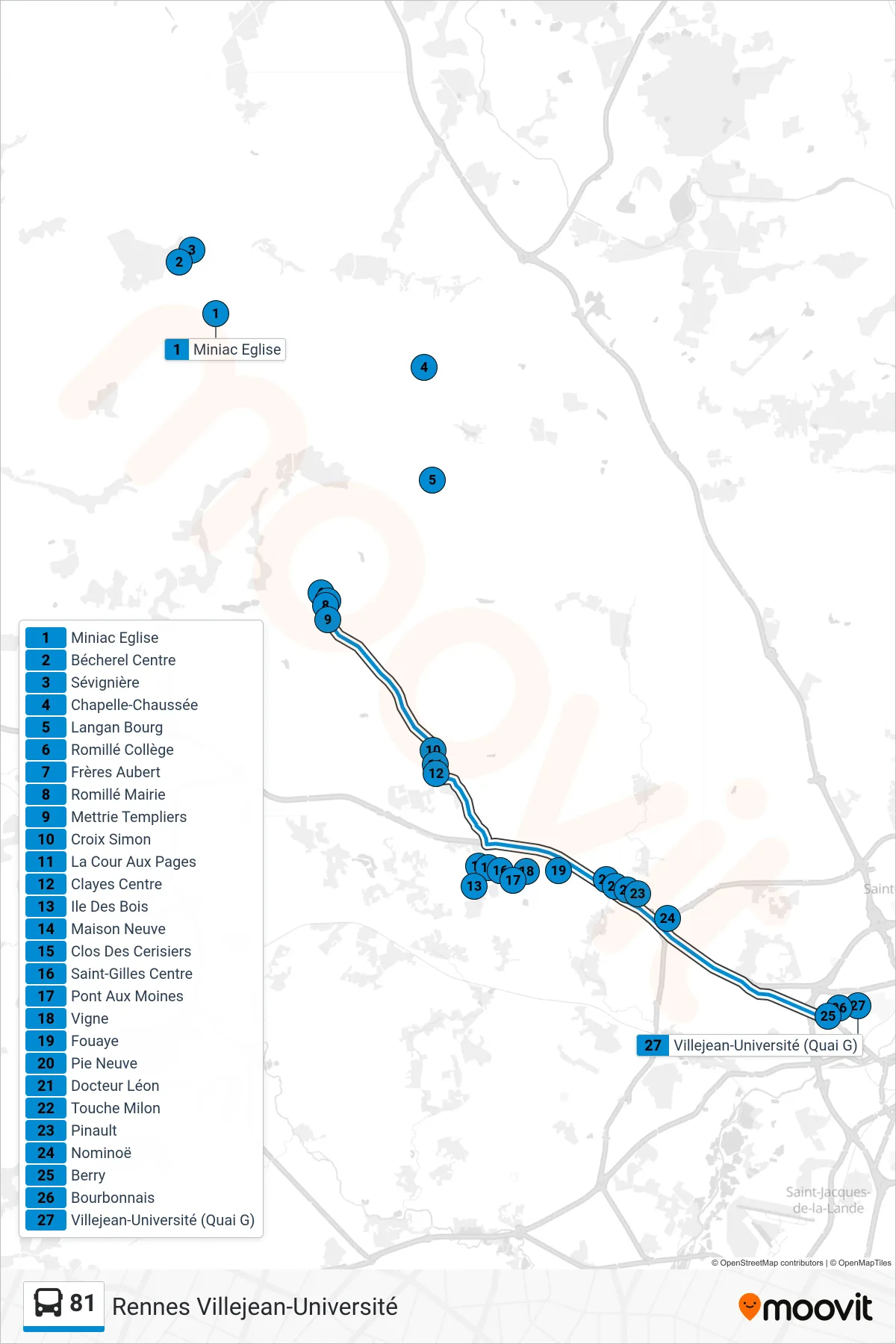 Tracé et arrêts de la ligne 81 de bus (Rennes Villejean-Université) sur une carte