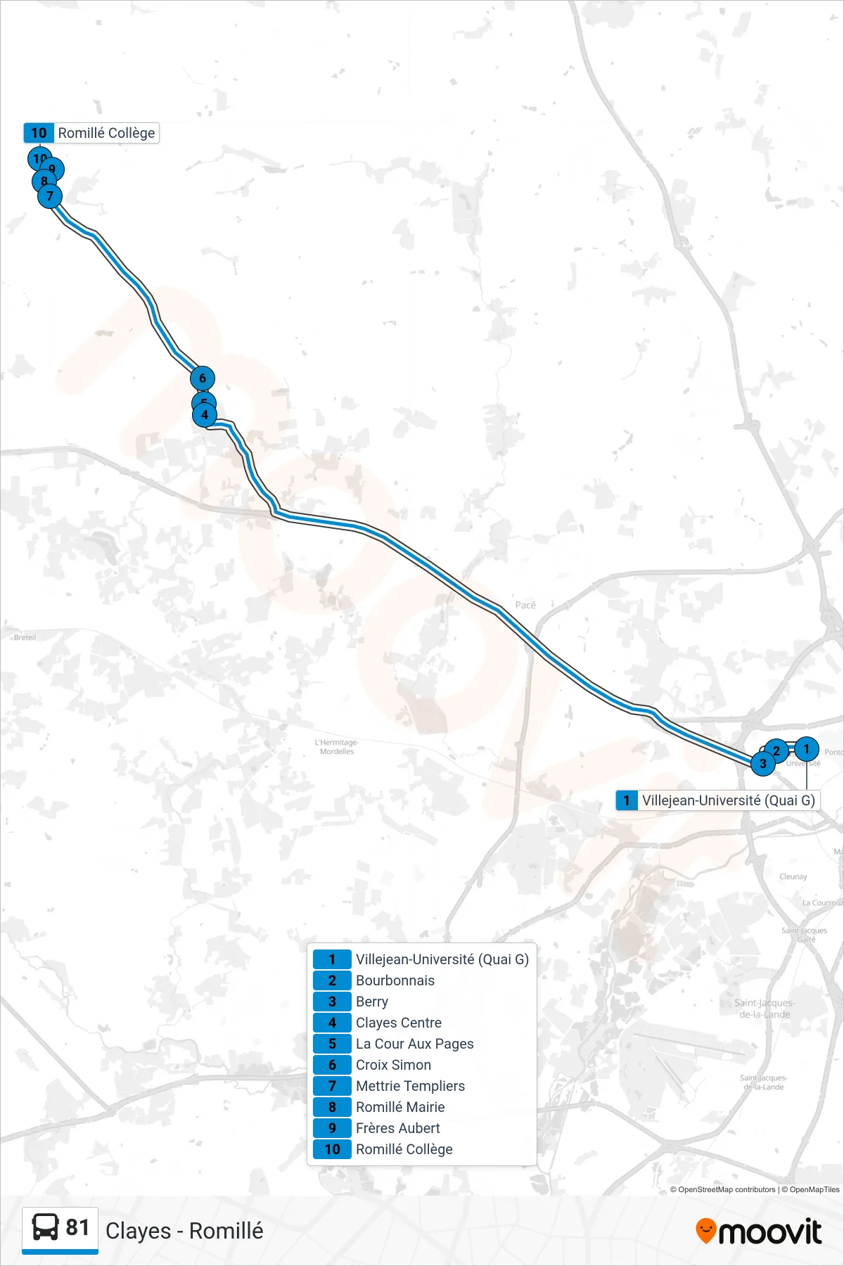 Tracé et arrêts de la ligne 81 de bus (Clayes - Romillé) sur une carte