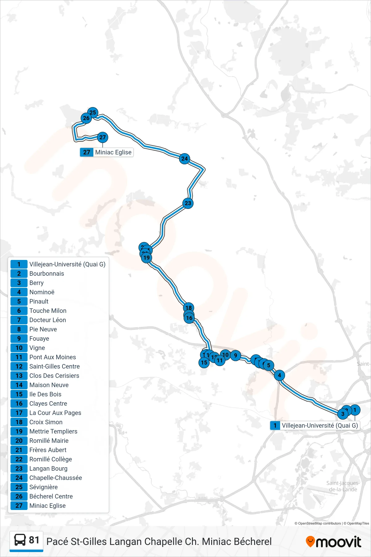 Tracé et arrêts de la ligne 81 de bus (Pacé St-Gilles Langan Chapelle Ch. Miniac Bécherel) sur une carte