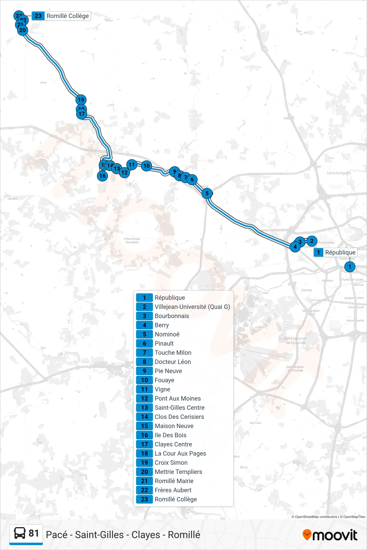 Tracé et arrêts de la ligne 81 de bus (Pacé - Saint-Gilles - Clayes - Romillé) sur une carte