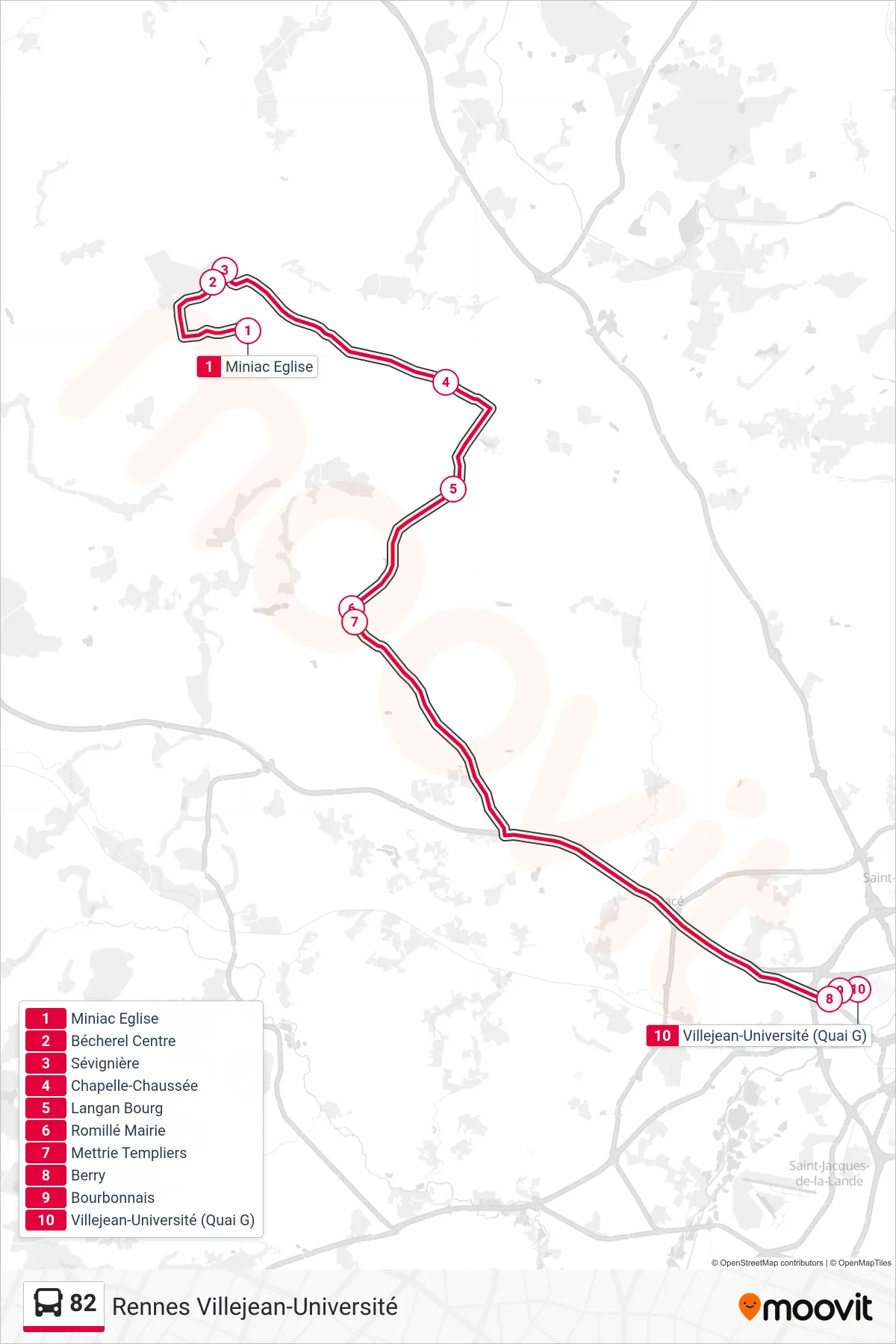 Tracé et arrêts de la ligne 82 de bus (Rennes Villejean-Université) sur une carte