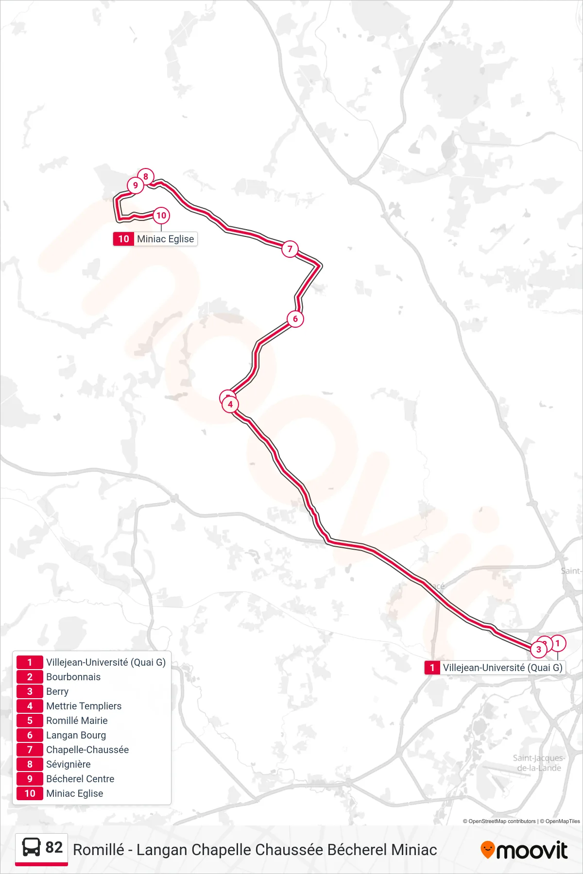 Tracé et arrêts de la ligne 82 de bus (Romillé - Langan Chapelle Chaussée Bécherel Miniac) sur une carte