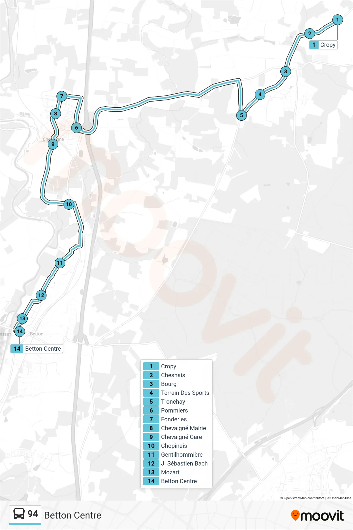 Tracé et arrêts de la ligne 94 de bus (Betton Centre) sur une carte