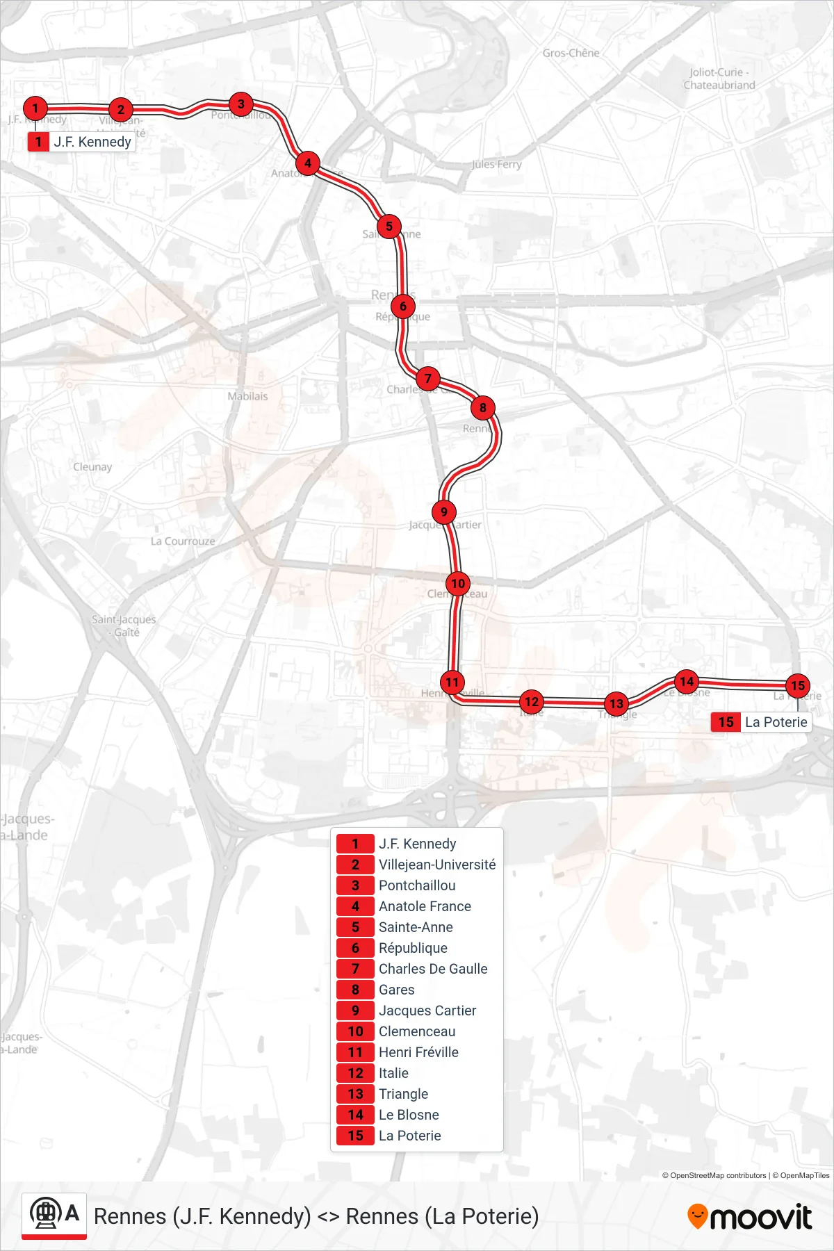 Tracé et arrêts de la ligne A de métro (La Poterie) sur une carte