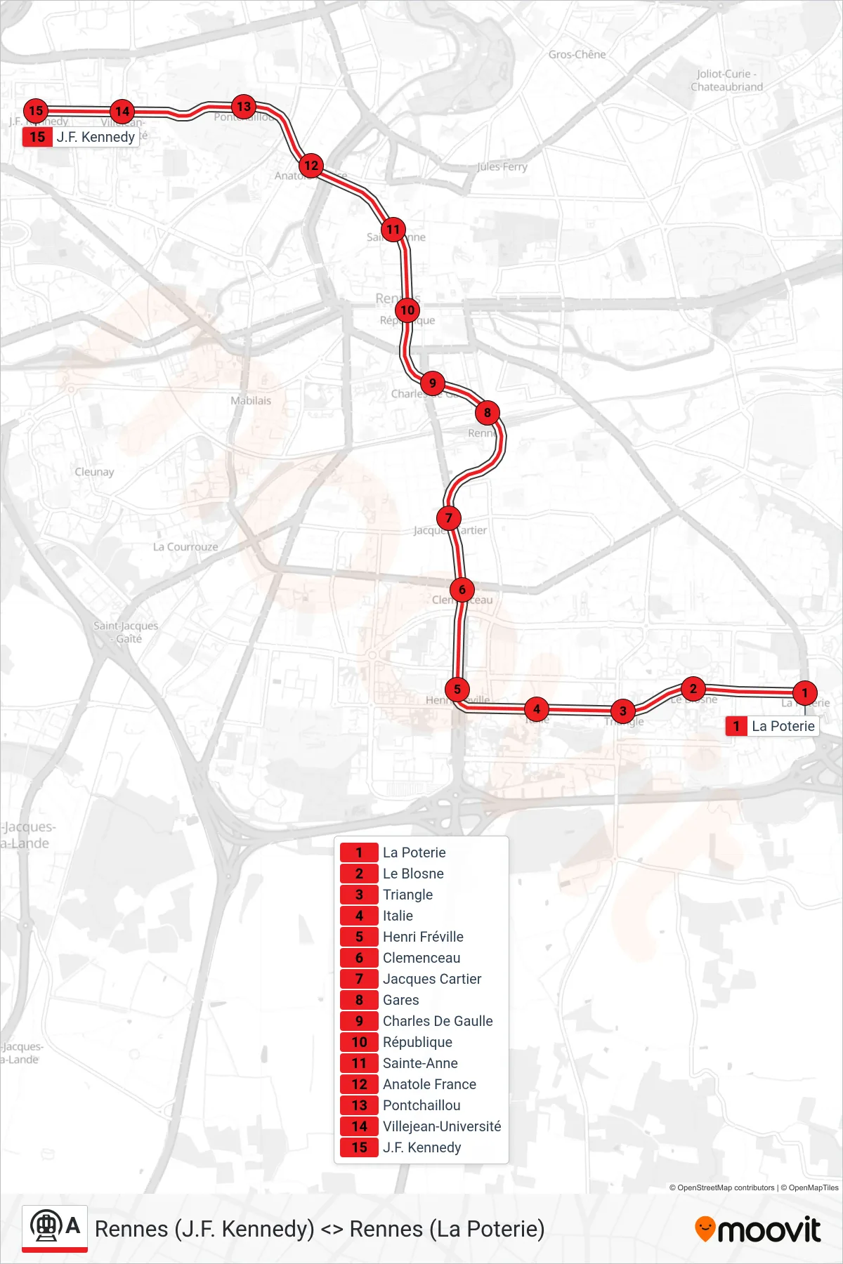 Tracé et arrêts de la ligne A de métro (Kennedy) sur une carte