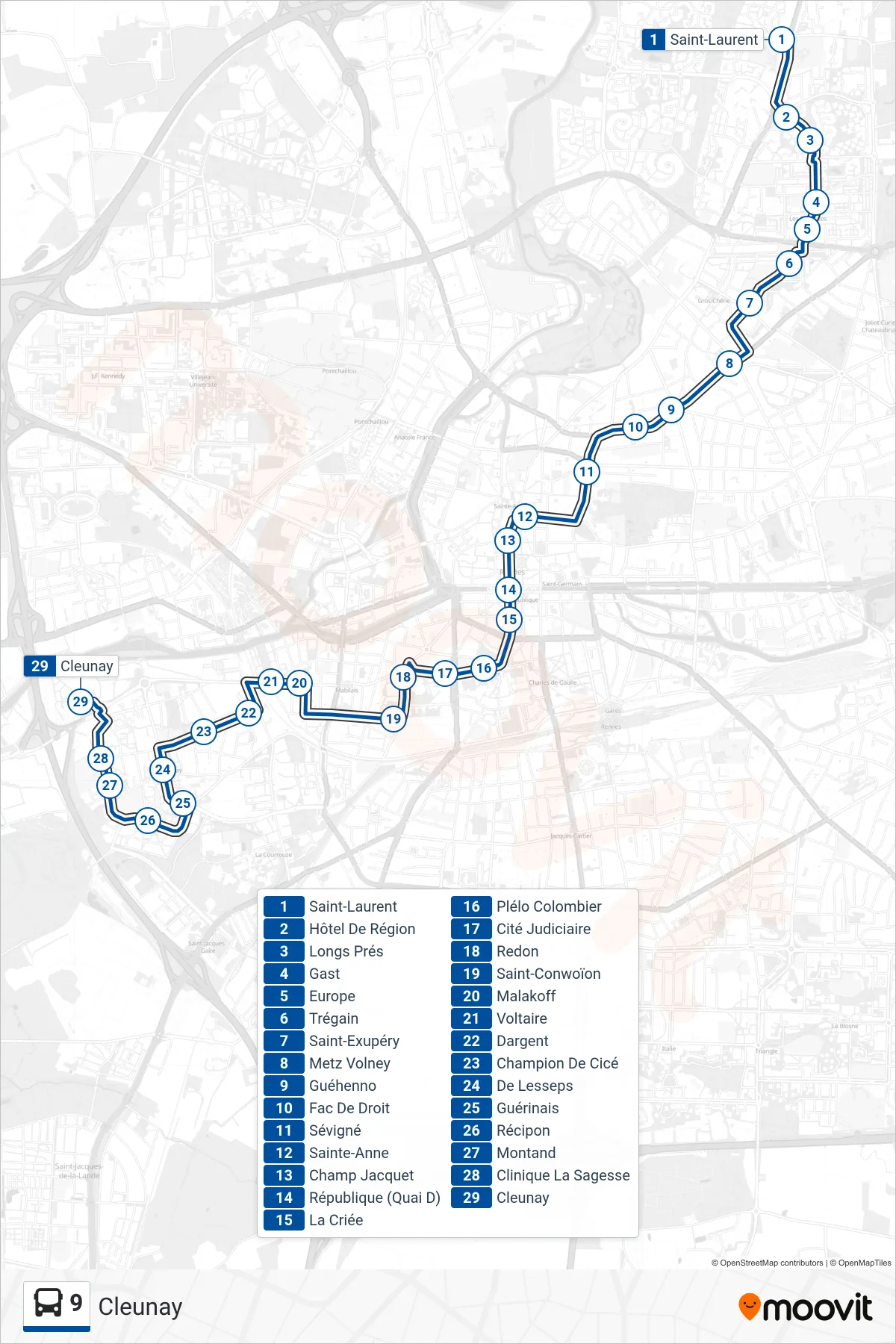Tracé et arrêts de la ligne 9 de bus (Cleunay) sur une carte