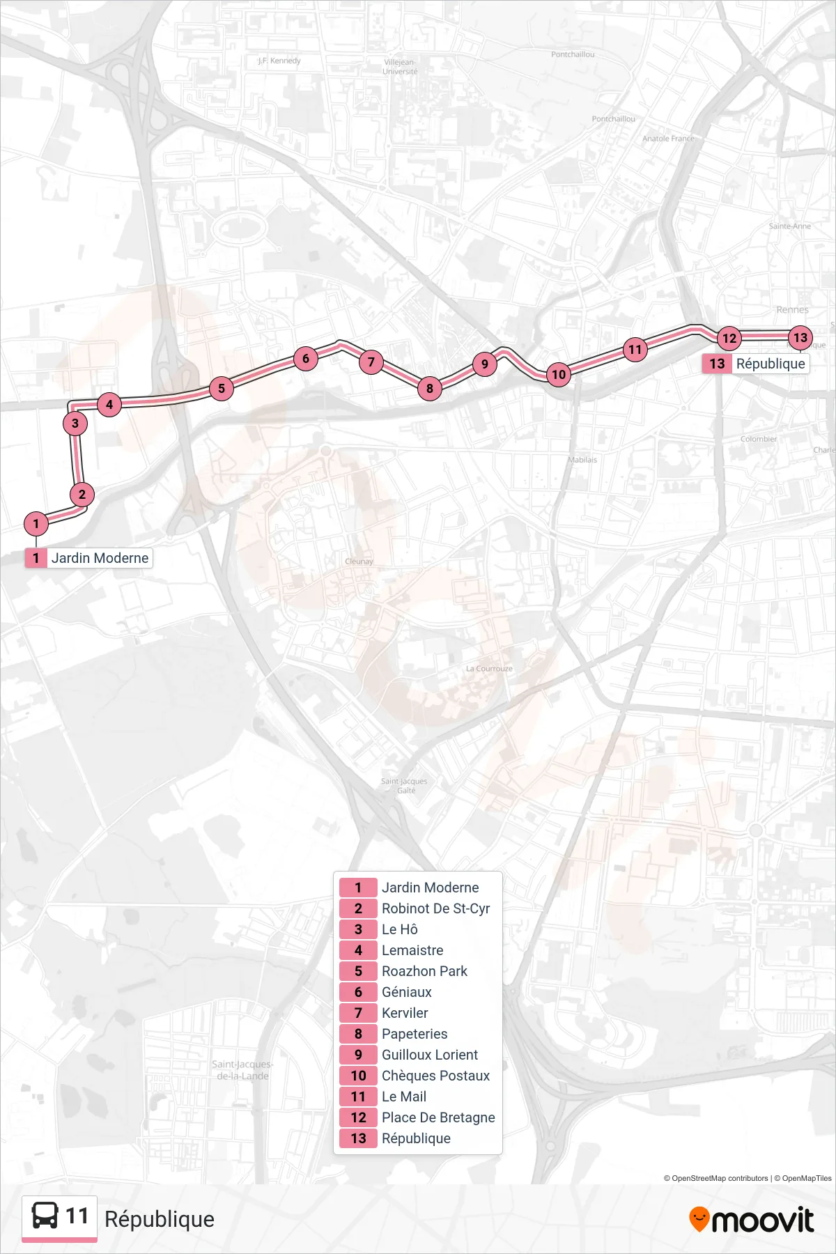 Tracé et arrêts de la ligne 11 de bus (République) sur une carte