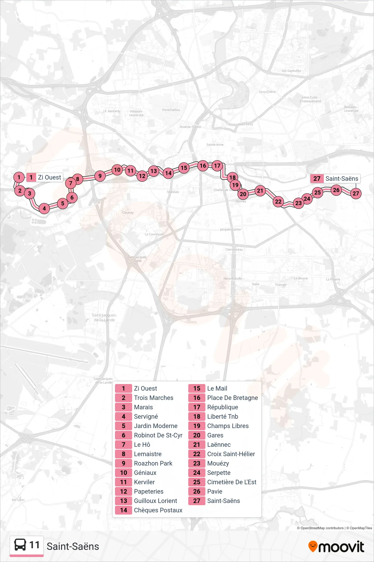 Tracé et arrêts de la ligne 11 de bus (Saint-Saëns) sur une carte