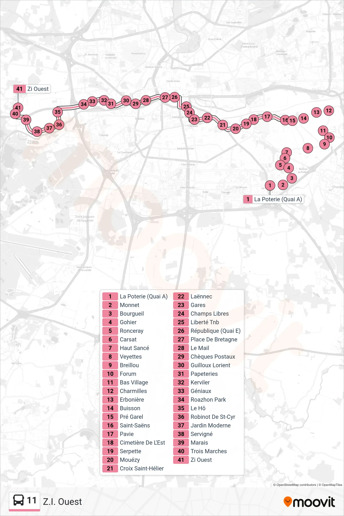 Tracé et arrêts de la ligne 11 de bus (Z.I. Ouest) sur une carte