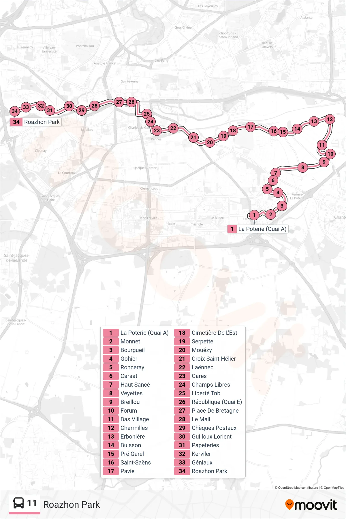 Tracé et arrêts de la ligne 11 de bus (Roazhon Park) sur une carte