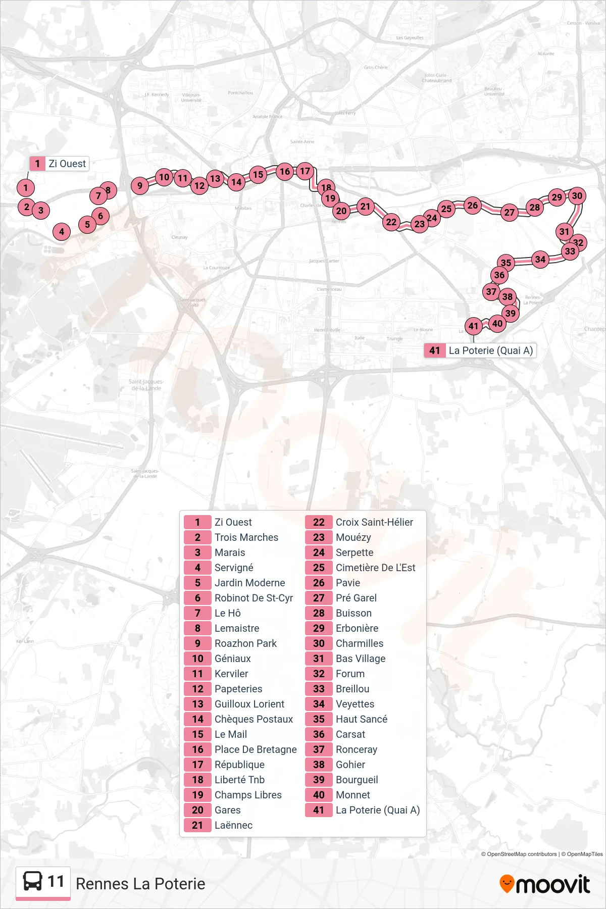 Tracé et arrêts de la ligne 11 de bus (Rennes La Poterie) sur une carte