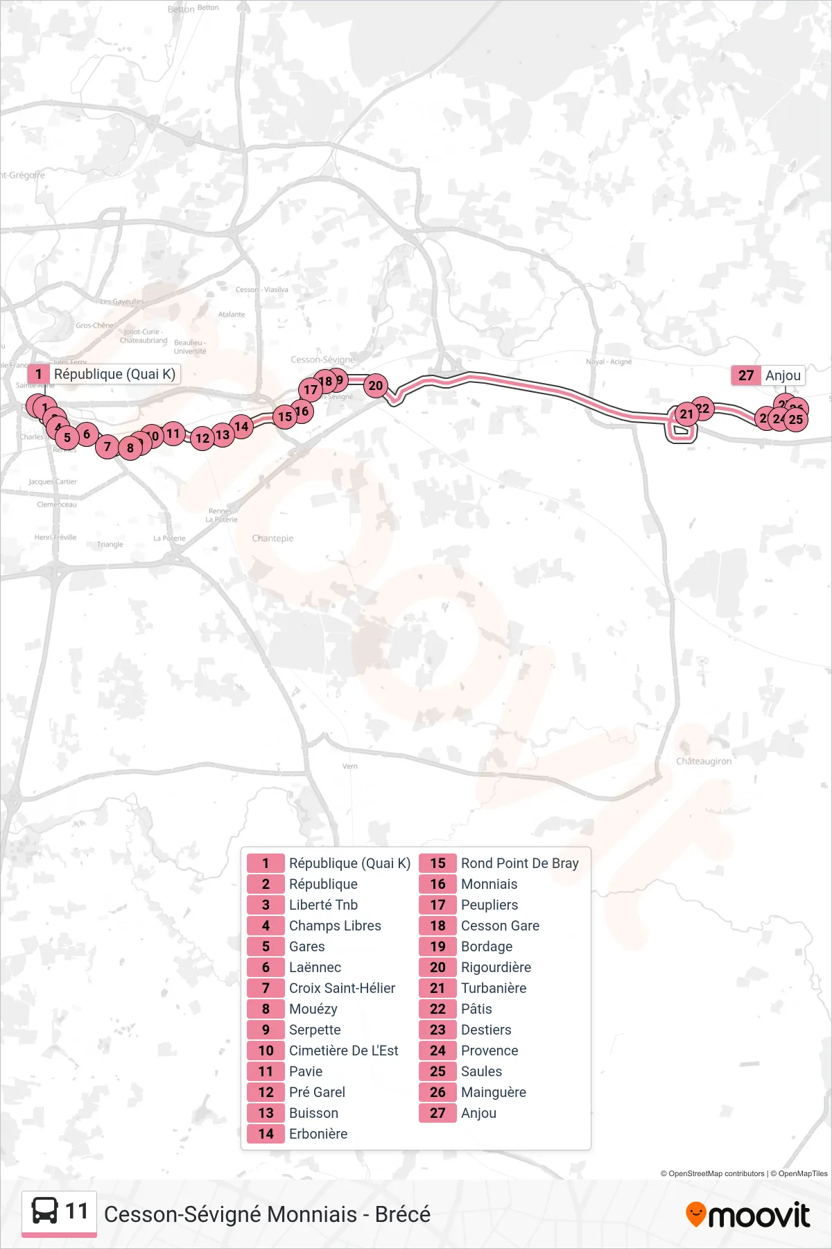 Tracé et arrêts de la ligne 11 de bus (Cesson-Sévigné Monniais - Brécé) sur une carte