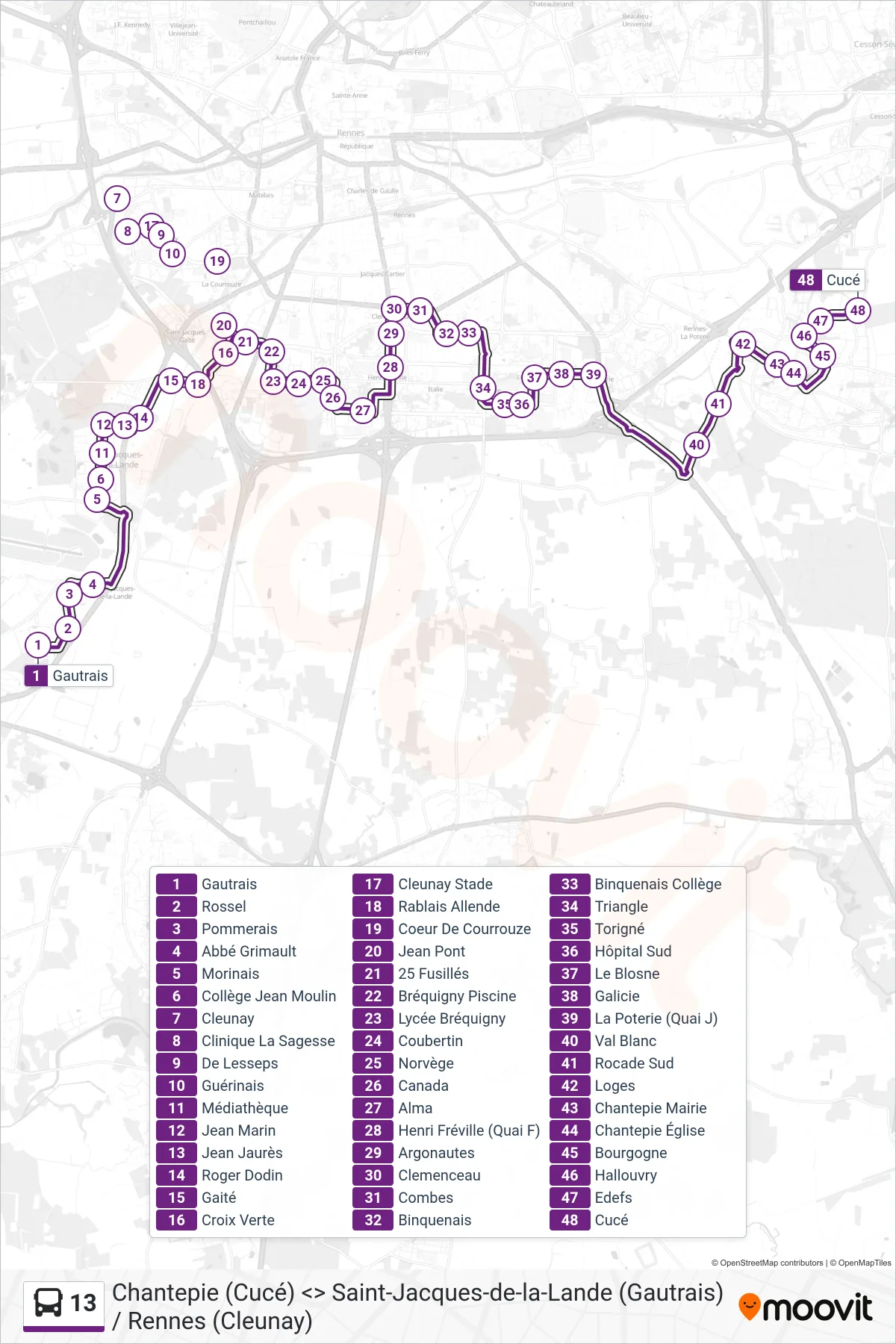 Tracé et arrêts de la ligne 13 de bus (Chantepie Cucé) sur une carte