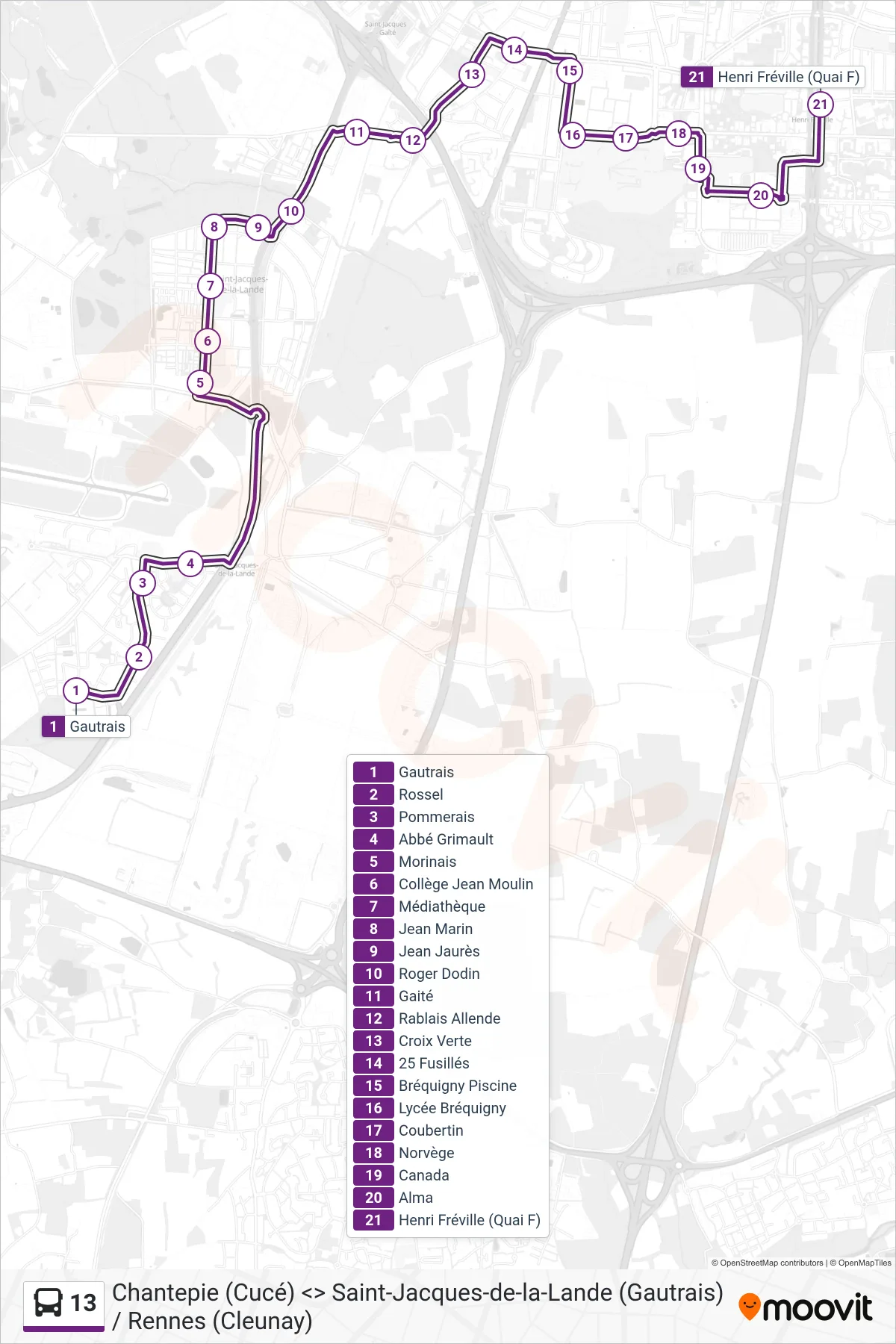 Tracé et arrêts de la ligne 13 de bus (Rennes Henri Fréville) sur une carte