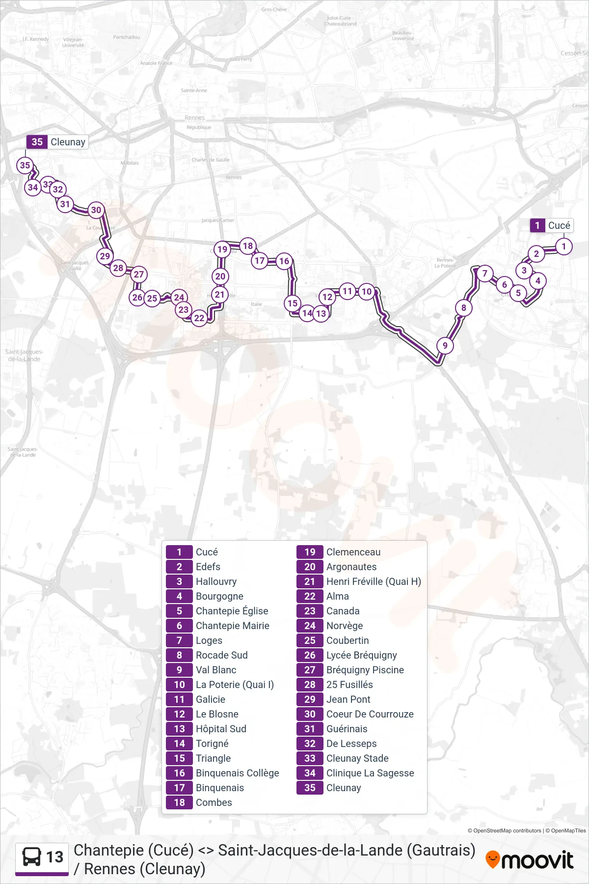 Tracé et arrêts de la ligne 13 de bus (Cleunay) sur une carte