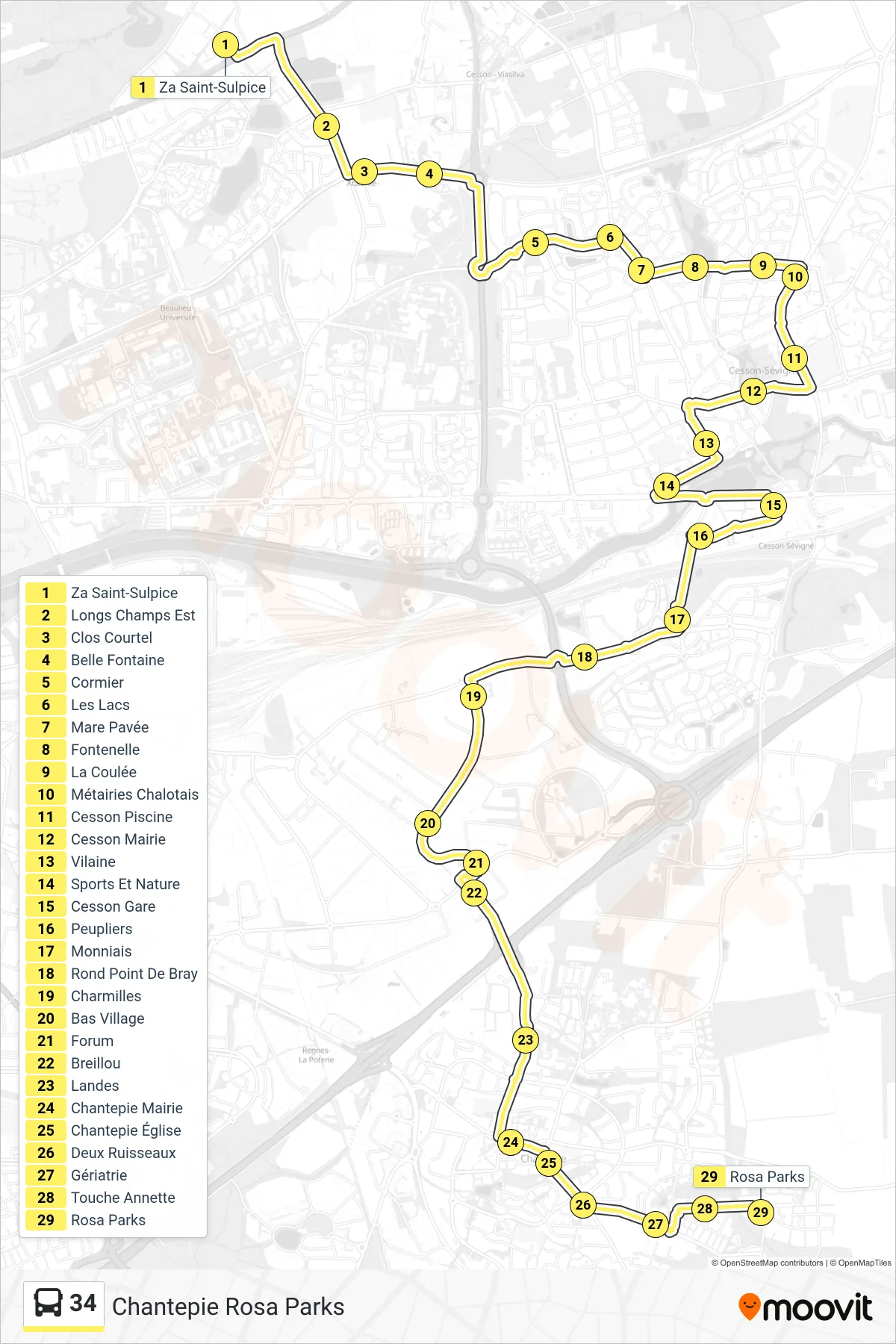 Tracé et arrêts de la ligne 34 de bus (Chantepie Rosa Parks) sur une carte