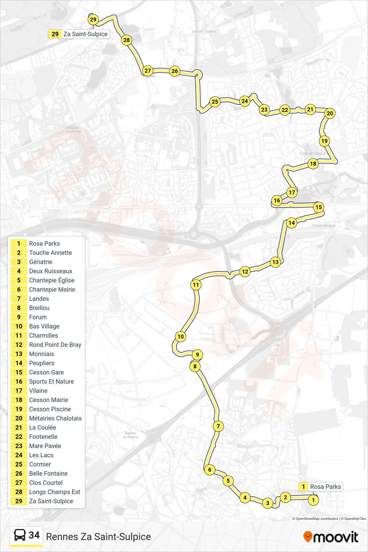 Tracé et arrêts de la ligne 34 de bus (Rennes Za Saint-Sulpice) sur une carte