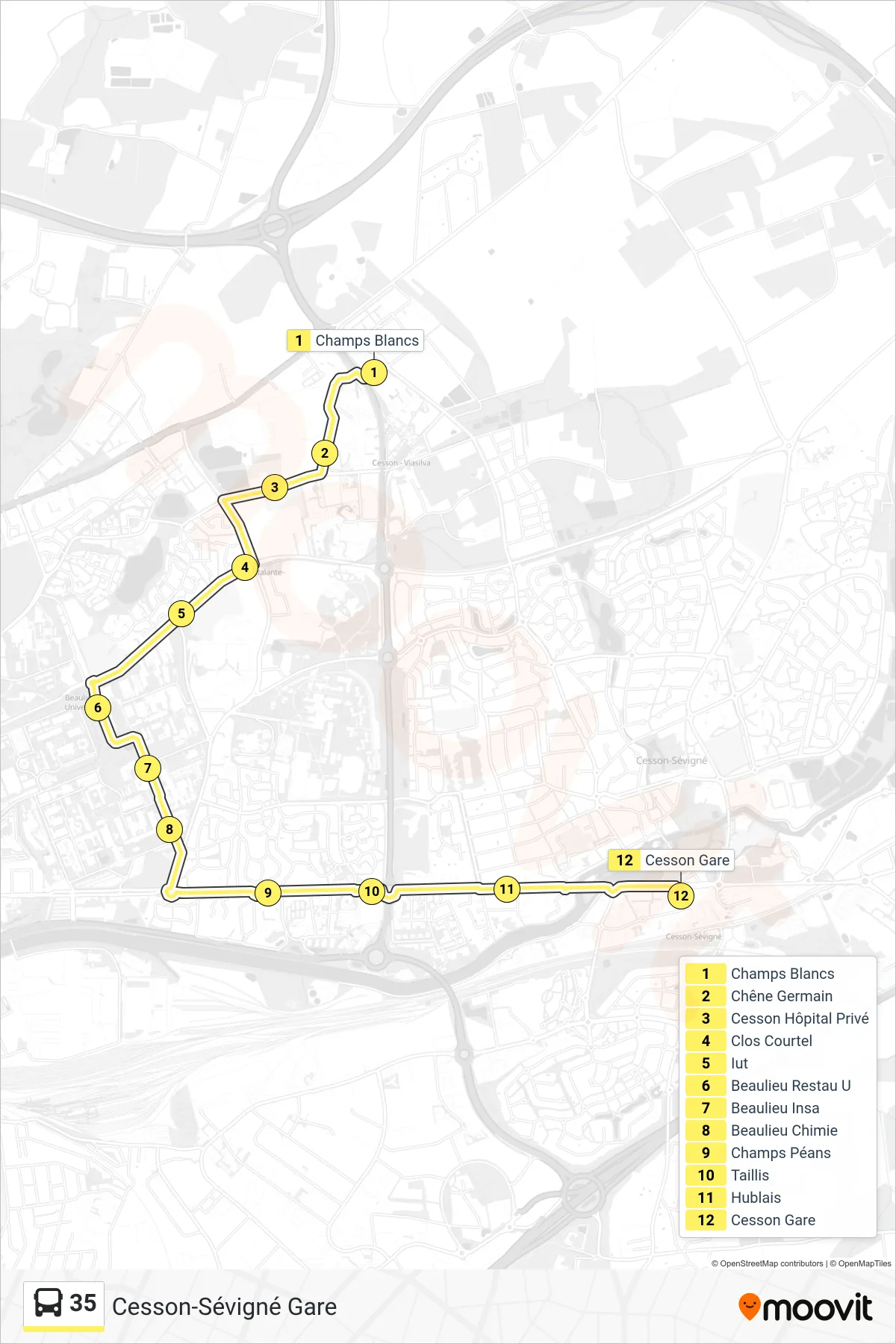 Tracé et arrêts de la ligne 35 de bus (Cesson-Sévigné Gare) sur une carte