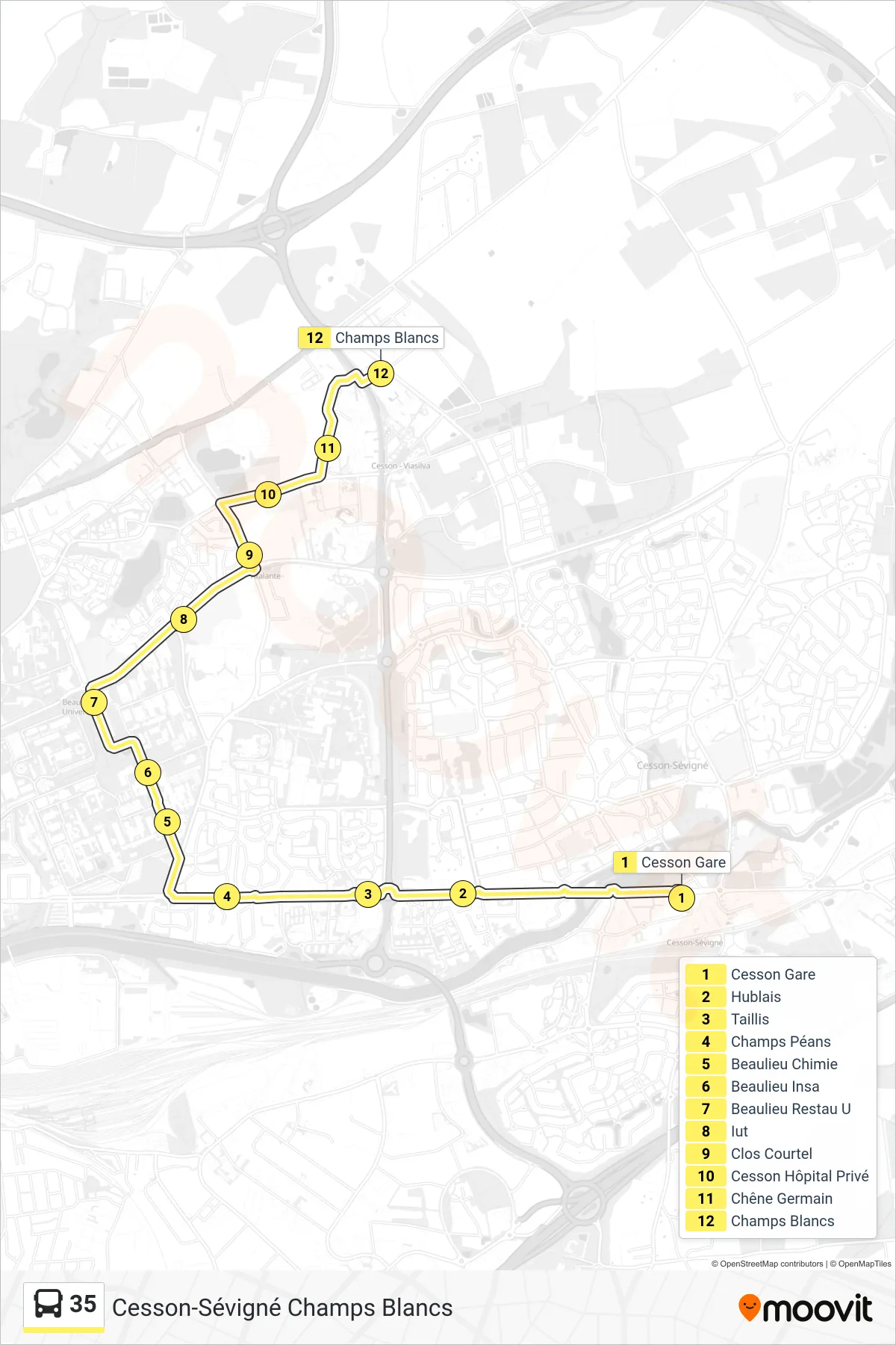 Tracé et arrêts de la ligne 35 de bus (Cesson-Sévigné Champs Blancs) sur une carte