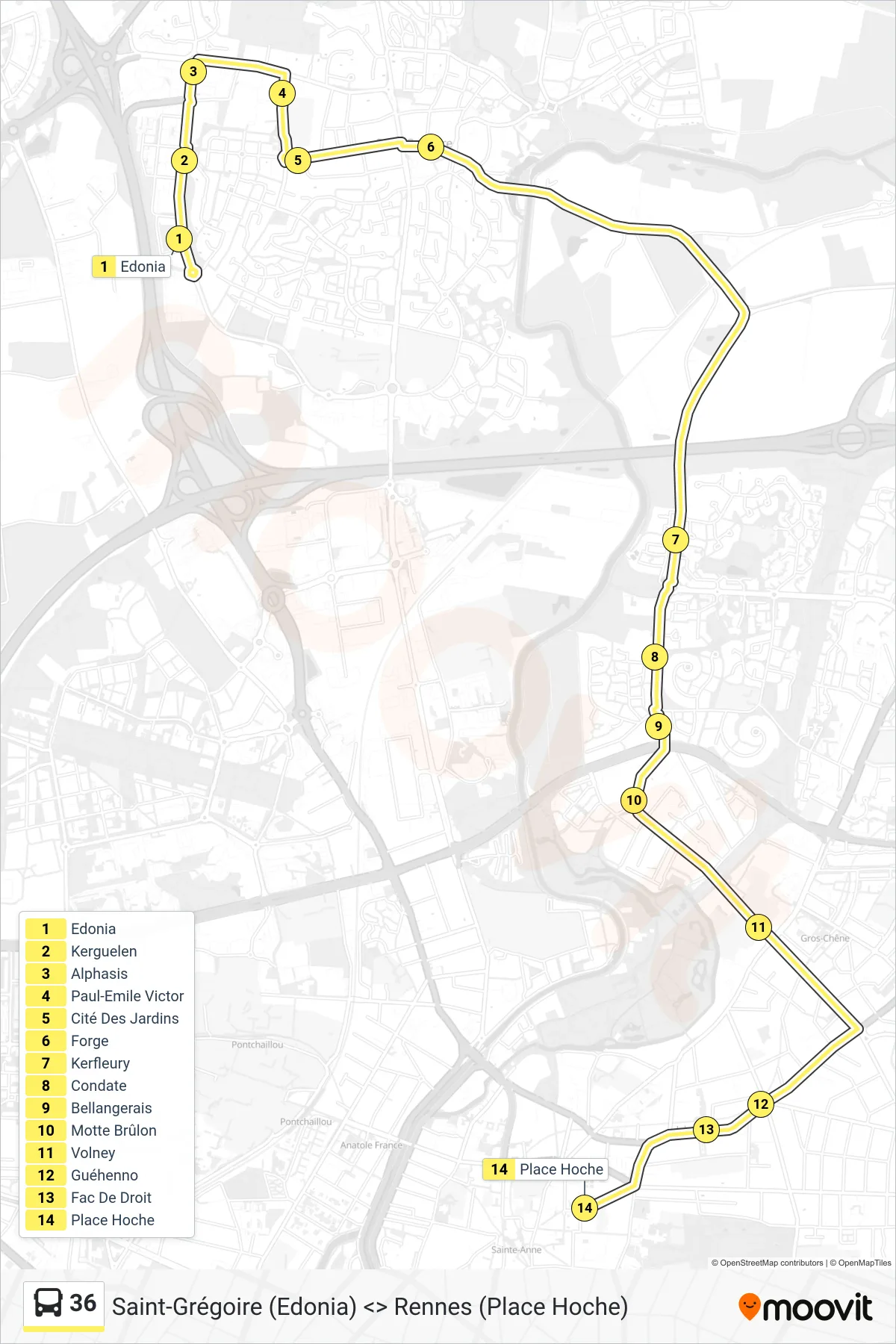 Tracé et arrêts de la ligne 36 de bus (Rennes Place Hoche) sur une carte