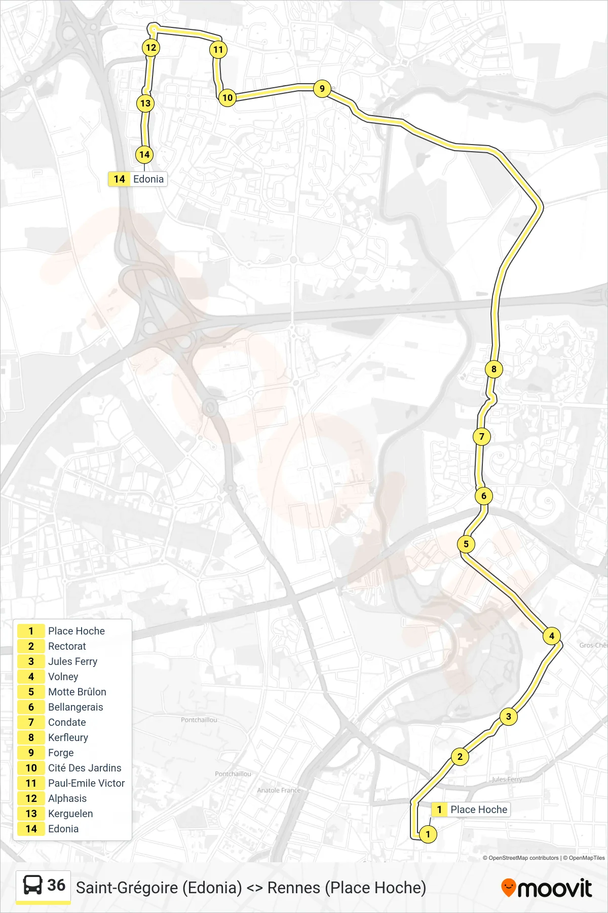 Tracé et arrêts de la ligne 36 de bus (Saint-Grégoire Edonia) sur une carte